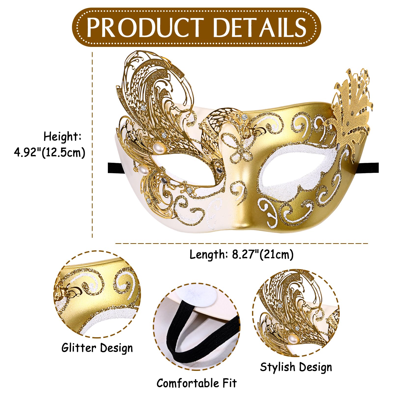 Oidea Peacock Masquerade Mask for Women: Venetian Prom Party Mardi Gras Masks Butterfly Glitter Lines Rhinestones Mask Halloween Wedding Costume Accessory Gold - Image 3