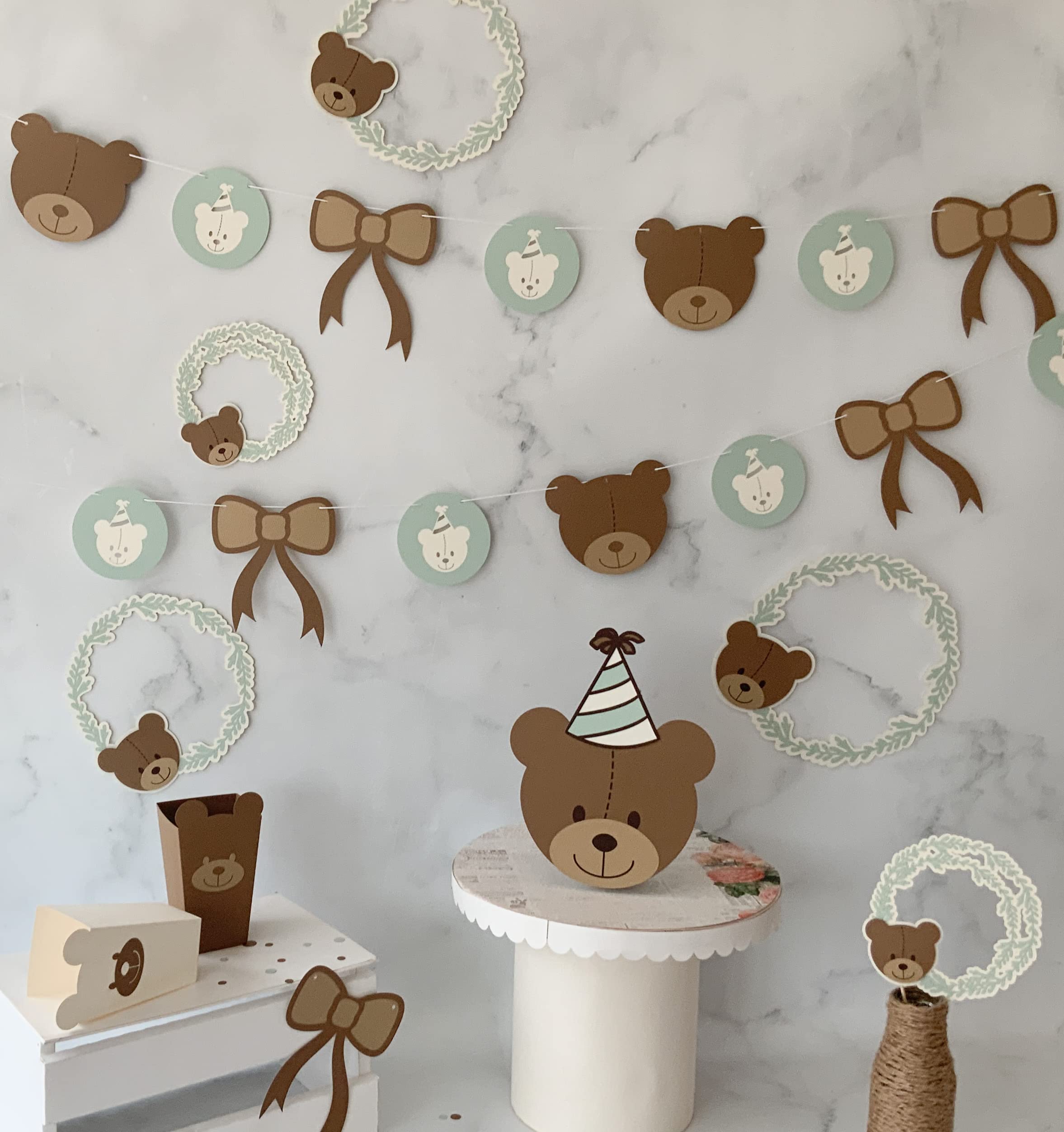 Pinfliers Teddy Bear Theme Paper Bunting, A Set of 20 Pieces, Brown, Cream and Mint, 74 inch in Length 3