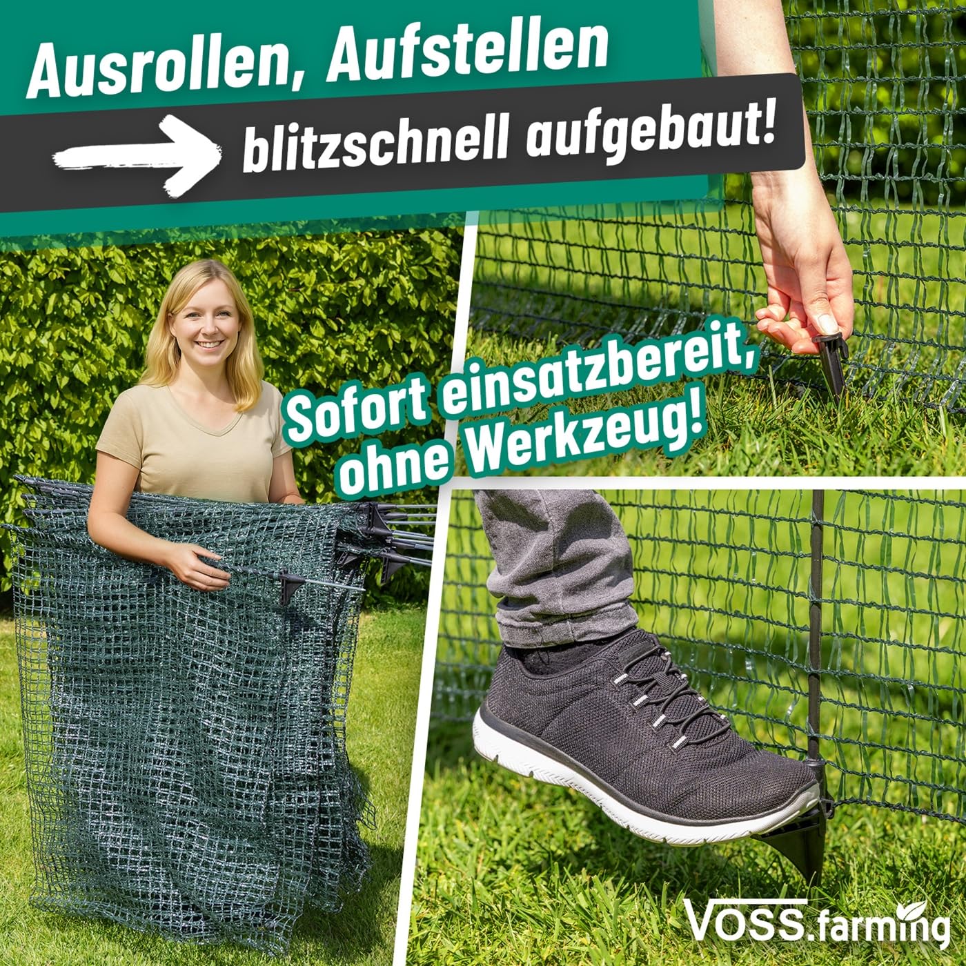 VOSS.farming Gartennetz 20m 80cm Universal Begrenzungszaun Hundezaun dunkelgrün