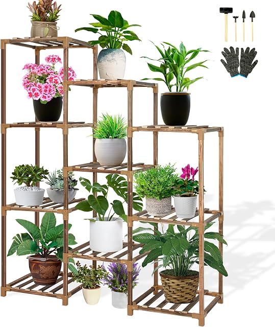 BQKOZFIN Wooden Plants Stand Indoor & Outdoor, 10 Tier 10 Potted Flower Shelf, Multiple Plant Pot Holder Flower Display Rack for Room Corner Balcony Garden Lawn Patio
