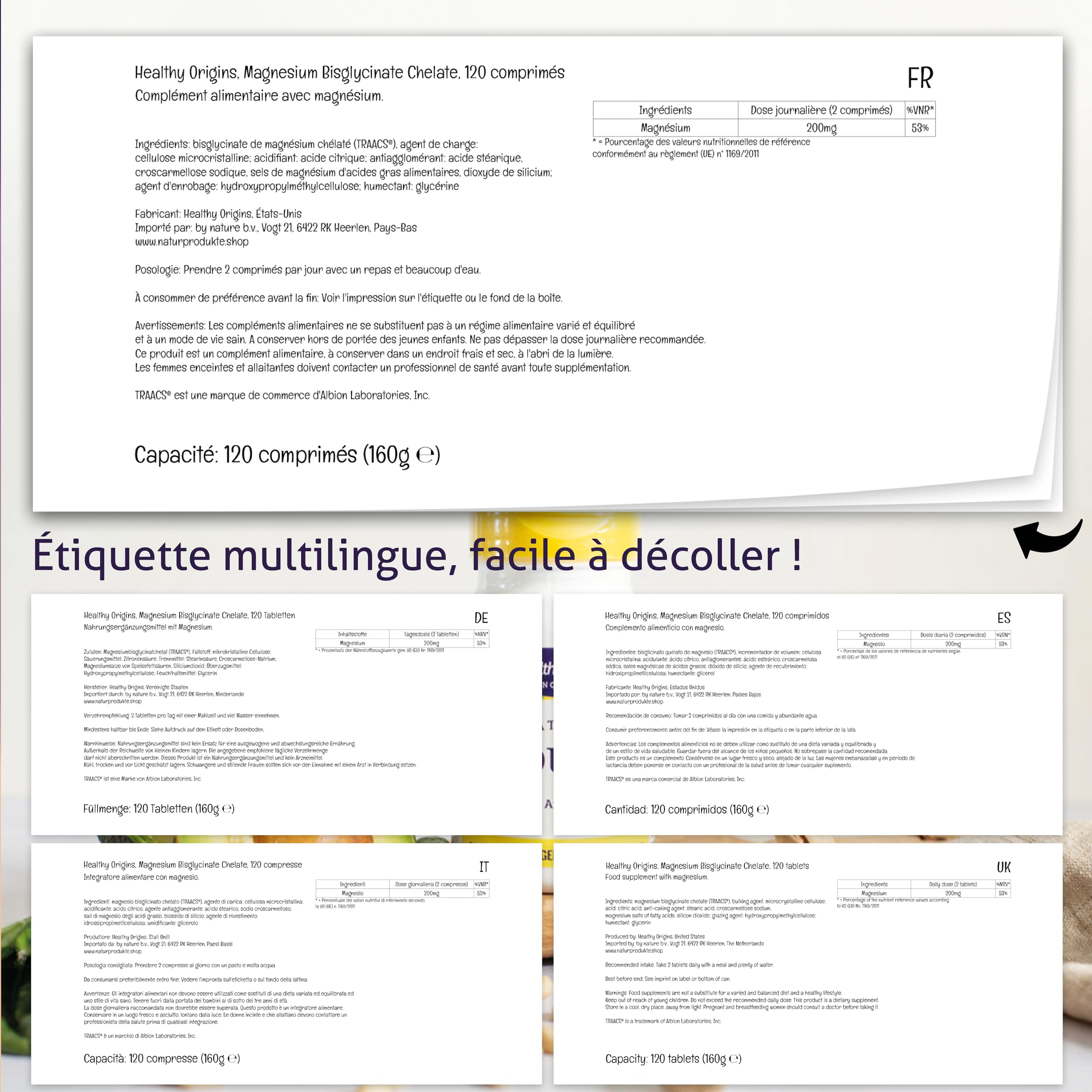 Healthy Origins, Magnesiumbisglycinat, 200mg de Magnésium, 120 Comprimés végétaliens, Végétarien, Sans Gluten, Sans Soja, Sans OGM