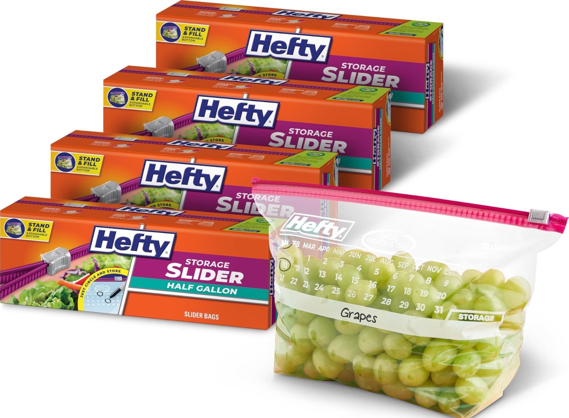 Hefty Bolsas de almacenamiento de calendario deslizante, tamaño de medio galón, 32 unidades (paquete de 4), 128 en total