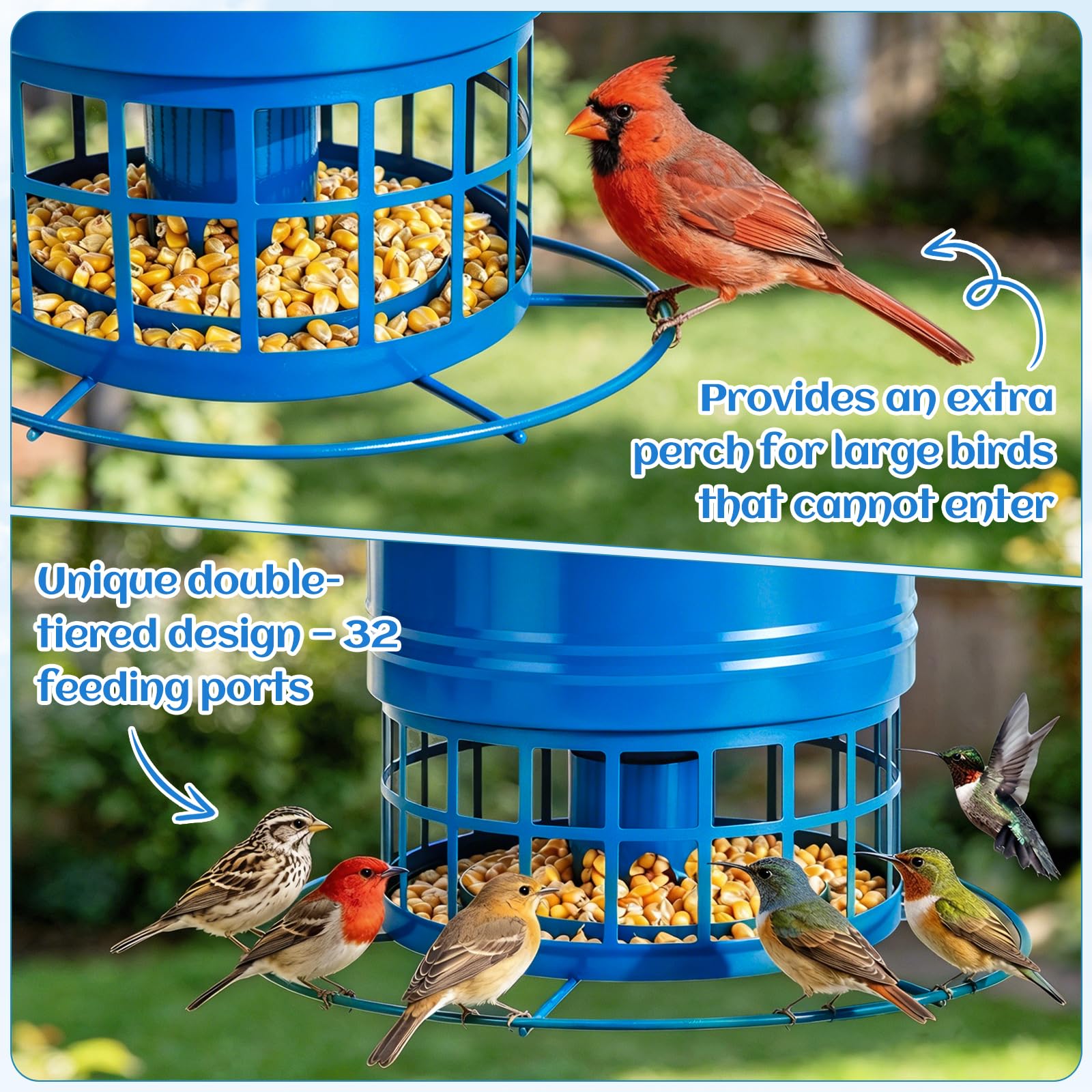 Vogelfutterstation für draußen, Eichhörnchensicher Vogelfutterspender für draußen, 4,5 kg, Metallkäfig-Futterstation für Wildvögel, mit 32 Futteröffnungen, hängende Vogelfutterstation für kleine Vögel