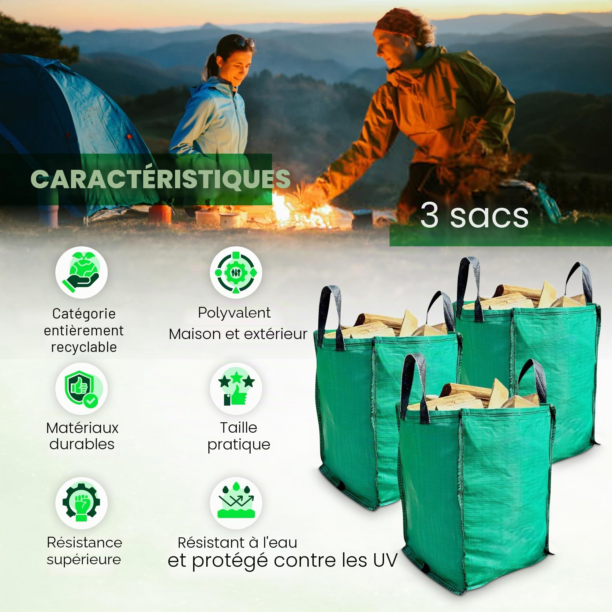Lot de 3 sacs à déchets de jardin – 120 litres – Sacs à déchets verts très résistants – Tissu industriel et poignées