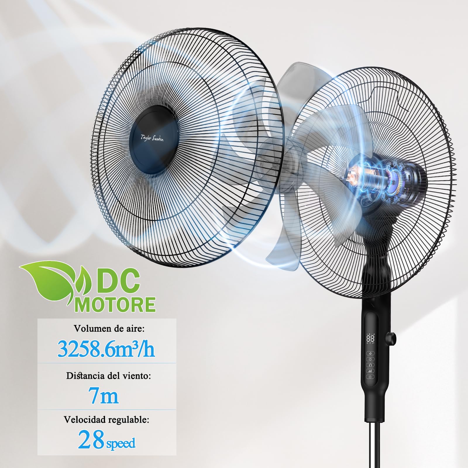 Taylor Swoden Ventilador de pie, Silencioso Motor Brushless DC Mando, 28 Velocidades, ECO, 40W, 3 modos, 12H Time, LED, Ajustable en altura(125-135cm), con Mando, ranura anti-mosquitos,Negro