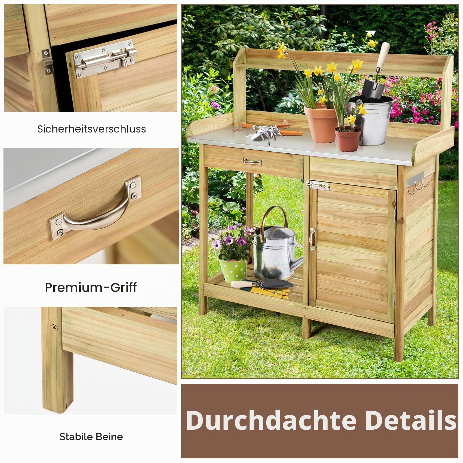 HOMASIS Pflanztisch mit verzinkter Arbeitsplatte, Gartentisch mit Schubladen & Unterschrank & 3 Haken, Blumentisch Massivholz, Gärtnertisch Holzpflanztisch Wetterfest, Arbeitstisch 112x46x125cm, Natur