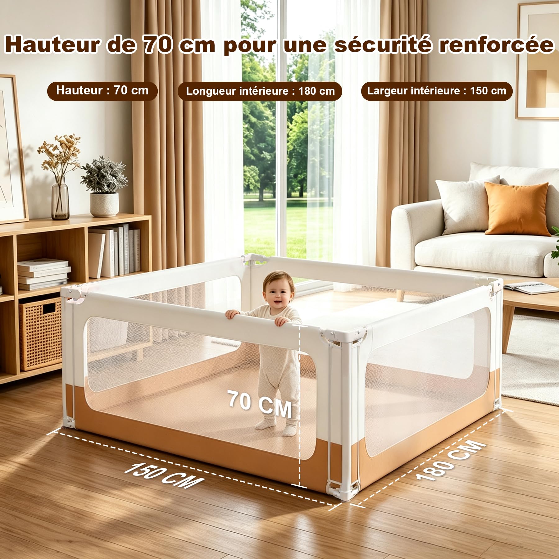 Parc Bebe 150x180 cm, Parc pour Bébés et Tout-Petits, Parc Bébé Intérieur avec Coins Renforcés, Double Verrouillage de Sécurité, Filet Respirant, Idéal pour Ramper et Apprendre à Marcher