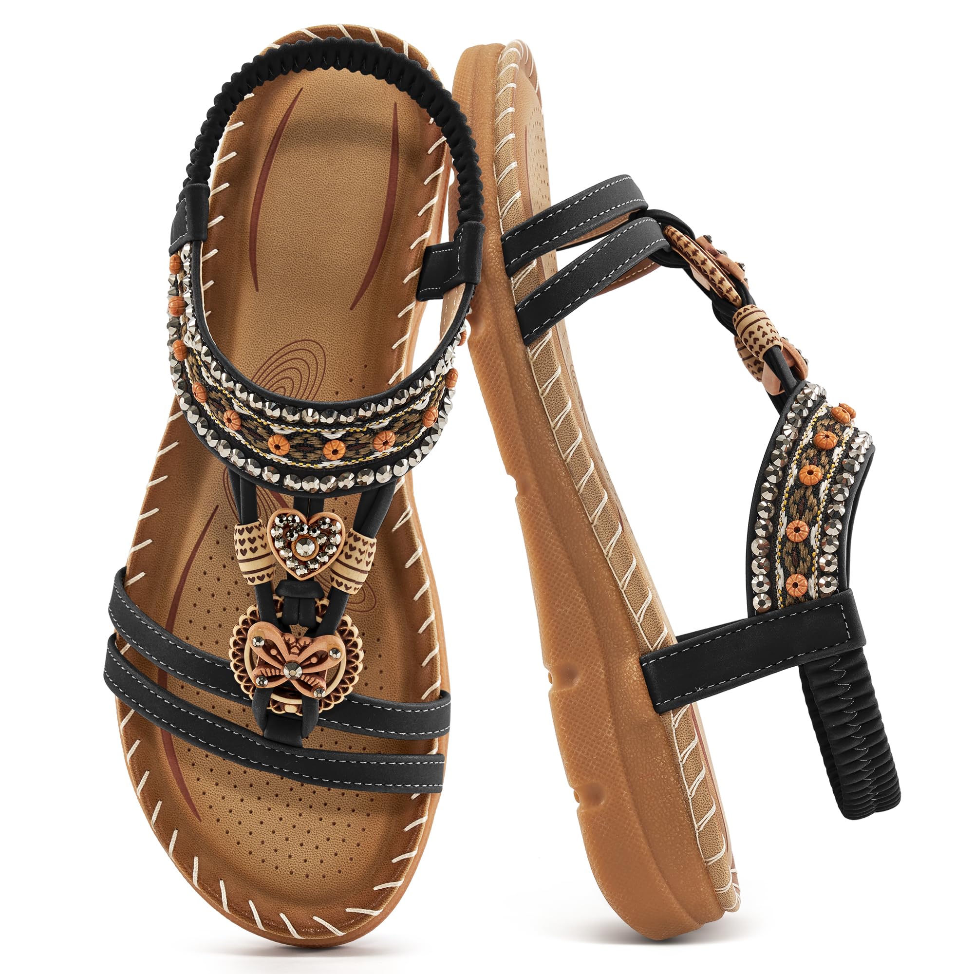 Aomigoct Sandals Women Flat Shoes: Dressy Summer Bohemian Flats Shoes for Women Sandals Comfortable Ankle Strap Outdoor Walking