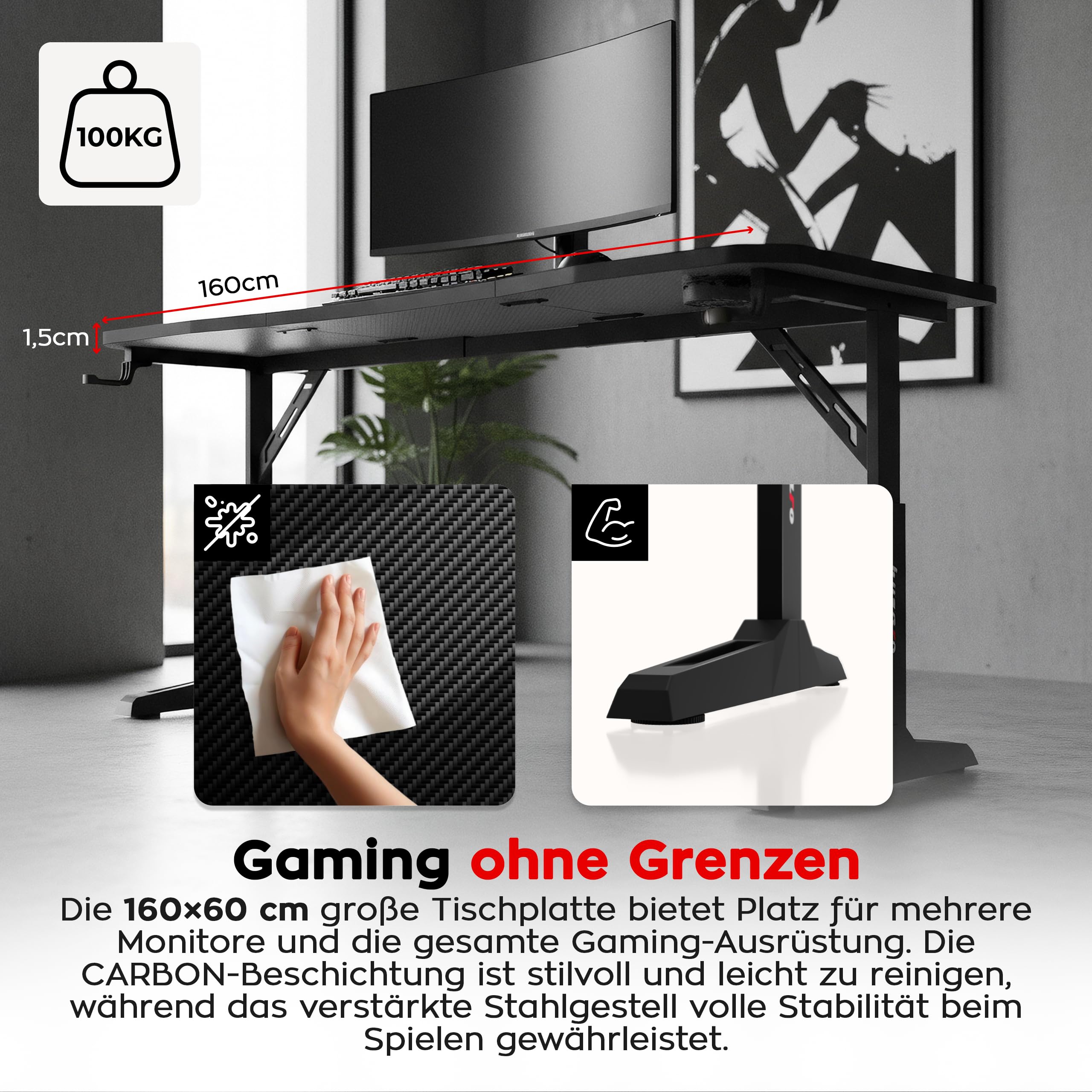 huzaro Hero 4.6 Gaming Tisch höhenverstellbar, Schreibtisch 160x60 cm | mit Carbon Oberfläche, Kabelmanagement, Getränkehalter & Kopfhörerhalter, PC Tisch Büro Home Office, Schwarz