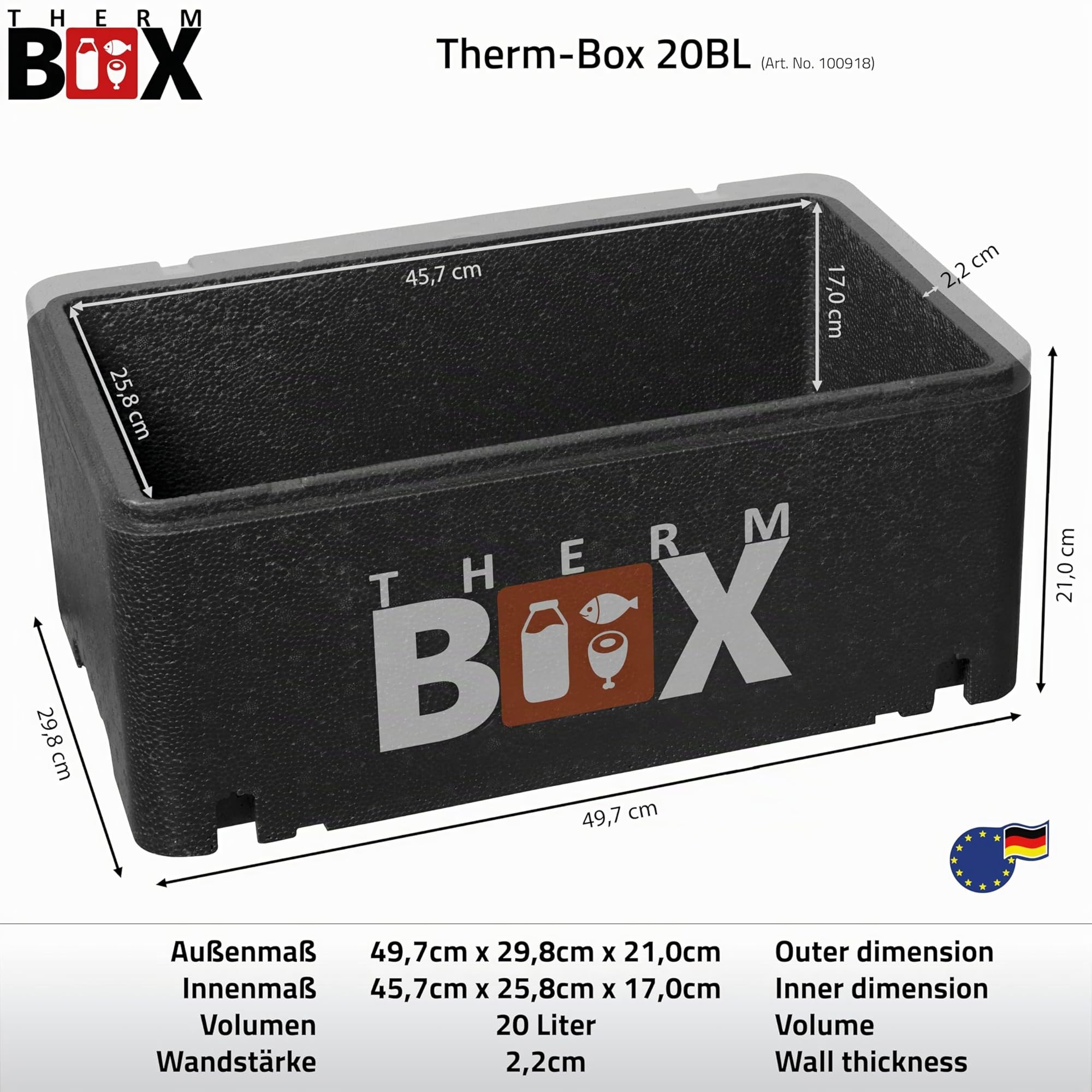THERM BOX Caja de poliestireno 20BL Interior: 45x25x17 cm Caja Aislante de 20 litros, Caja térmica, Caja para Mantener Caliente, Nevera portátil, contenedor térmico Reutilizable