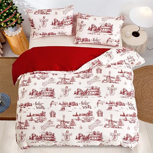Miniatura 3 de Luxudecor Juego de funda de edredón de Navidad, tamaño Queen, 3 piezas, funda de edredón de Yuletide roja, juego de ropa de cama con patrón de Hello