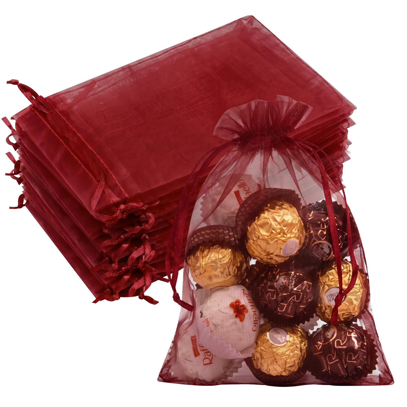 Crweety 50PCS Organza Bags 5x7 Burgundy Small Gift Bags Mesh Drawstring