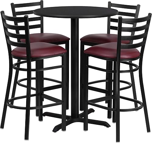 Miniatura 3 de Flash Furniture Juego de mesa laminada redonda de nogal de 30.0in, con base en X y 4 taburetes de metal con respaldo de escaleras, asiento de vinilo