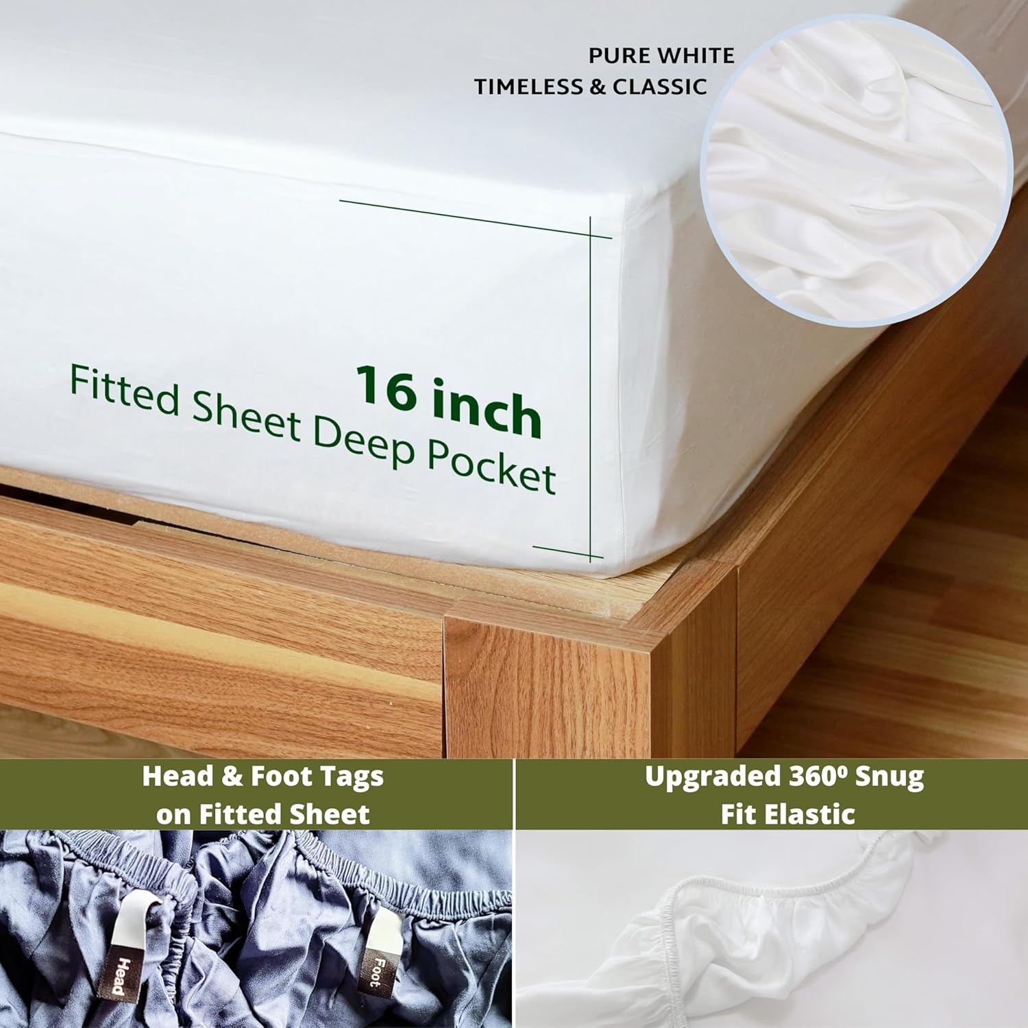Fitted Sheet ONLY Queen 100% Viscose Made from Bamboo, Cooling, Head Foot Tags with 16” Deep Pocket, Luxuriously Soft (White, Fitted Sheet ONLY)