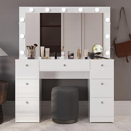 Boahaus Freya Large Makeup Vanity Desk with Hollywood Vanity Mirror with Lights, 7 Drawers, Non-Glass Top Vanity, Basic Knobs, 56.13'' H x 46.44'' W x 15.44'' D (Black-1)