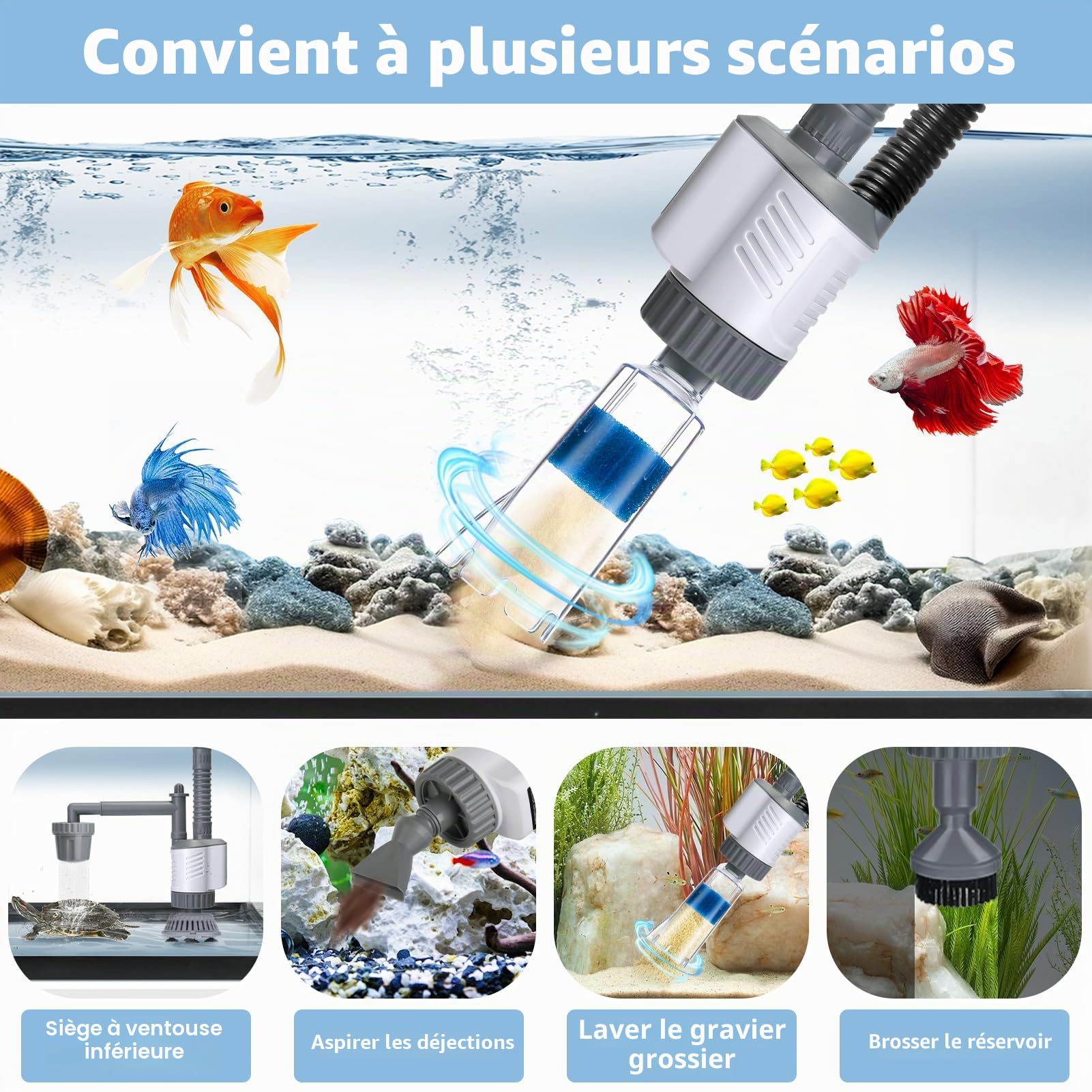 Piston Aquarium Électrique 30W Aquarium Nettoyant Galets sous Vide avec Soufflet - Kit d'aspiration d'Aquarium pour Changement d'eau, Nettoyage du Sable, Enlèvement de la saleté avec Tige