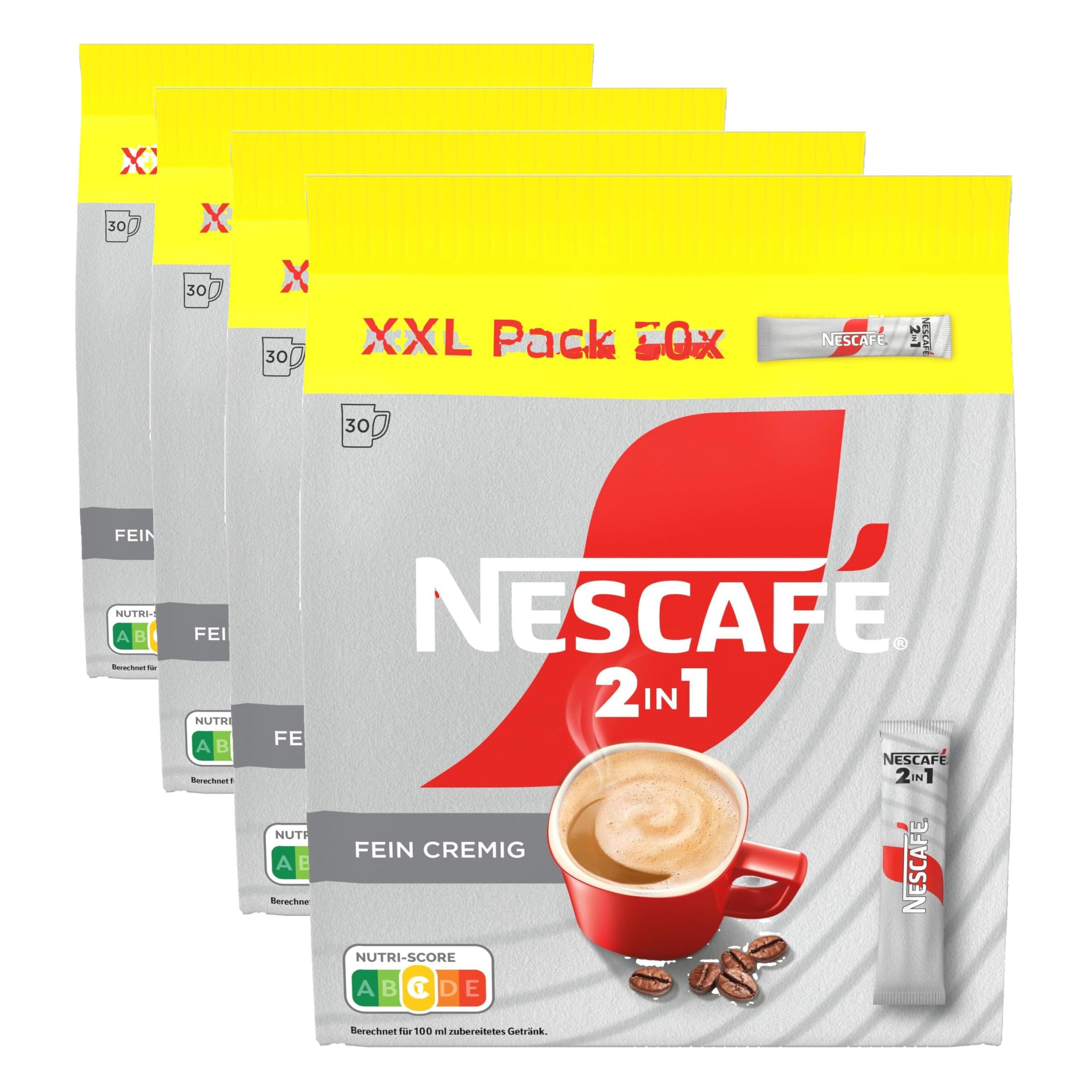 NESCAFÉ 2in1 XXL Pack 30 Sticks, löslicher Bohnenkaffee mit Creamer, Instant-Kaffee aus erlesenen Kaffeebohnen, 4er Pack (30 Sticks à 8g)