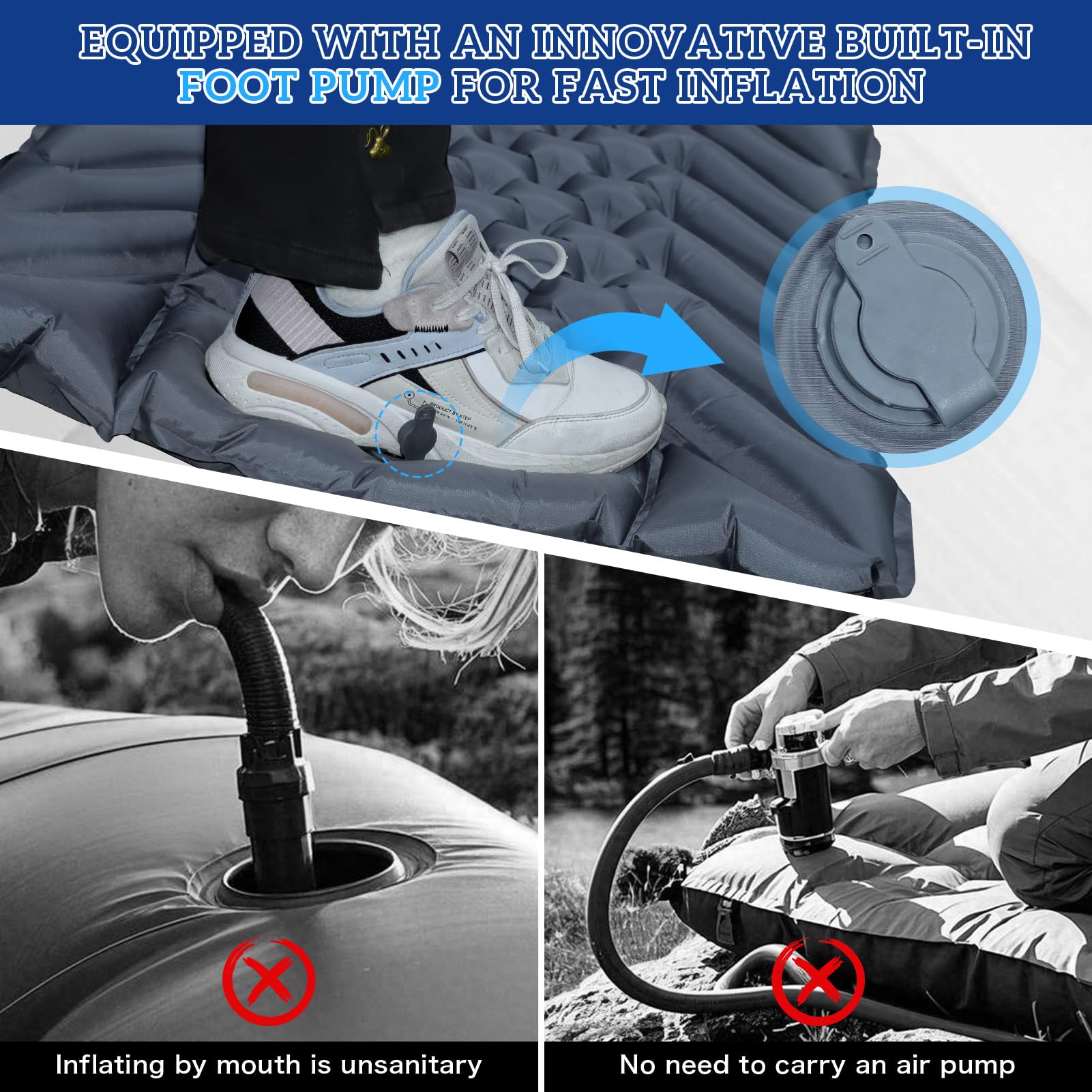 Colchoneta de dormir para acampar, ultraligera inflable con almohada, bomba de pie integrada para viajes, tienda de campaña, senderismo, mochileros (gris)