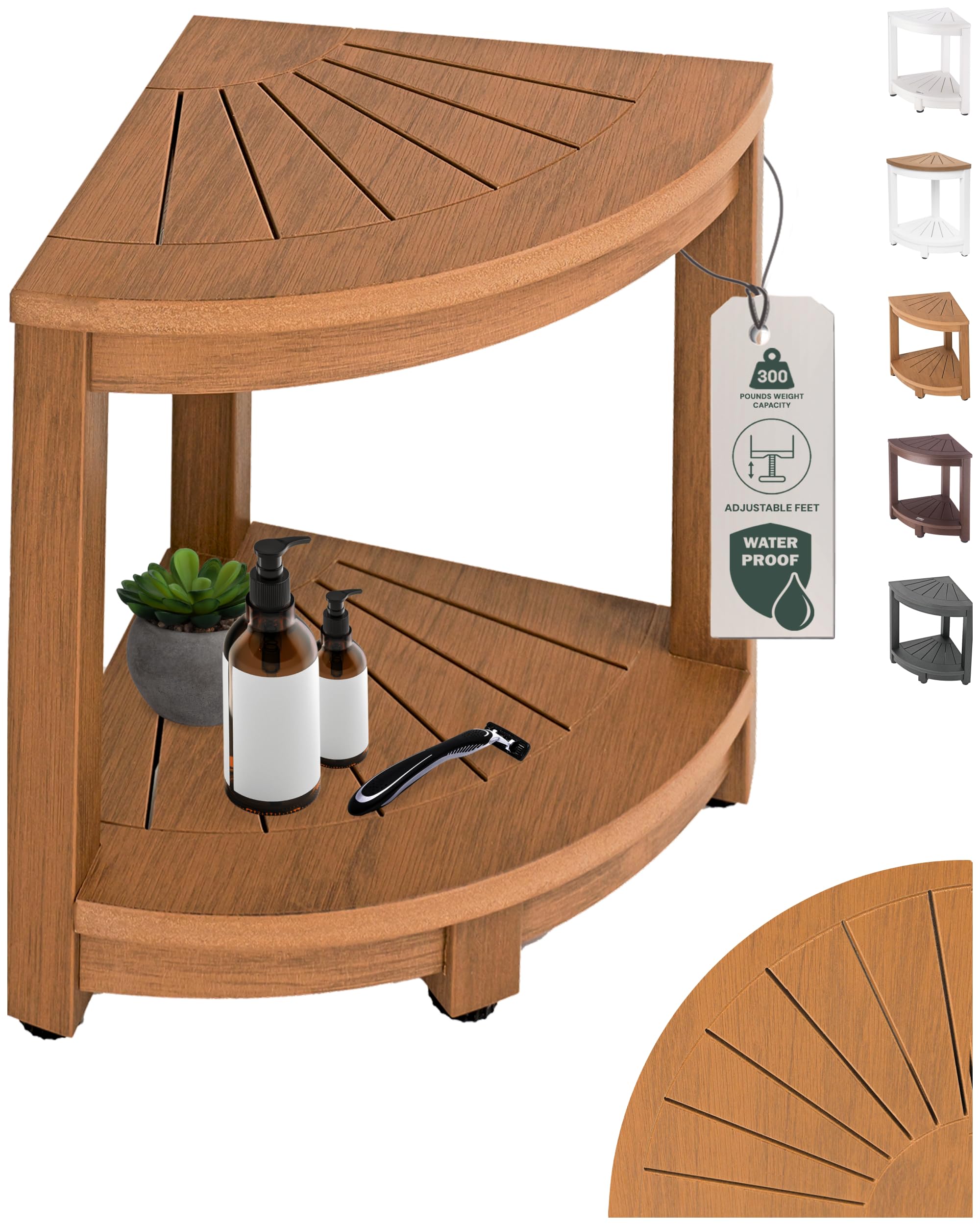 ROHKEX Waterproof Corner Shower Stool - Brown Waterproof Shower Bench for Shaving Legs & to Sit On - Easily Assembled Corner Bench & Shelf - Restroom Organizer - Bathroom Stool