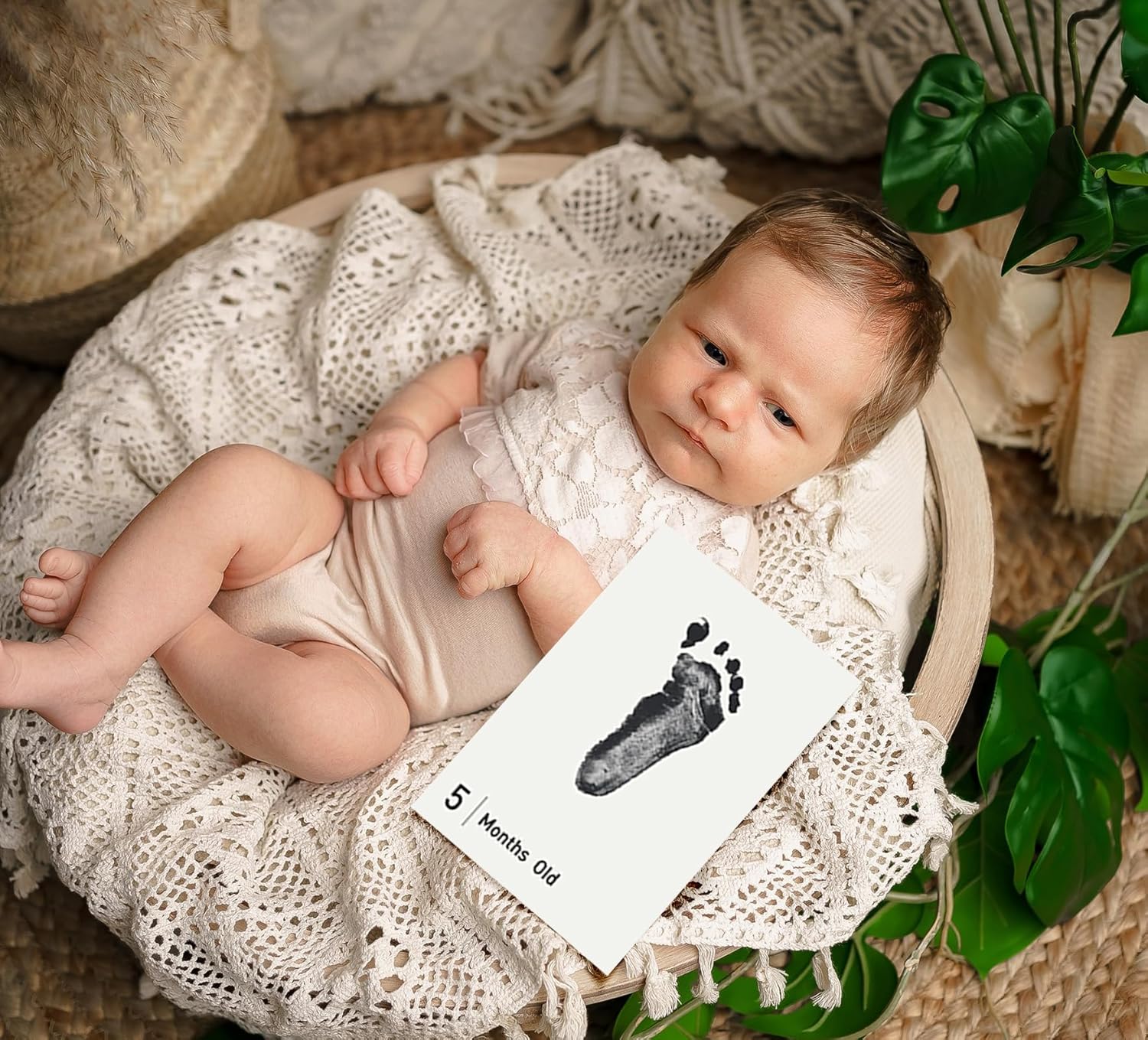 14 Pieces Baby Inkless Milestone Cards,1 Month to 12 Month Hand and Footprint Kit,Dog or Cat Pet Paw Print Kit,Newborn Safe Inkless Pad,Hello World Newborn Sign Memory Kit(14 Ink Pad+14 Papers)