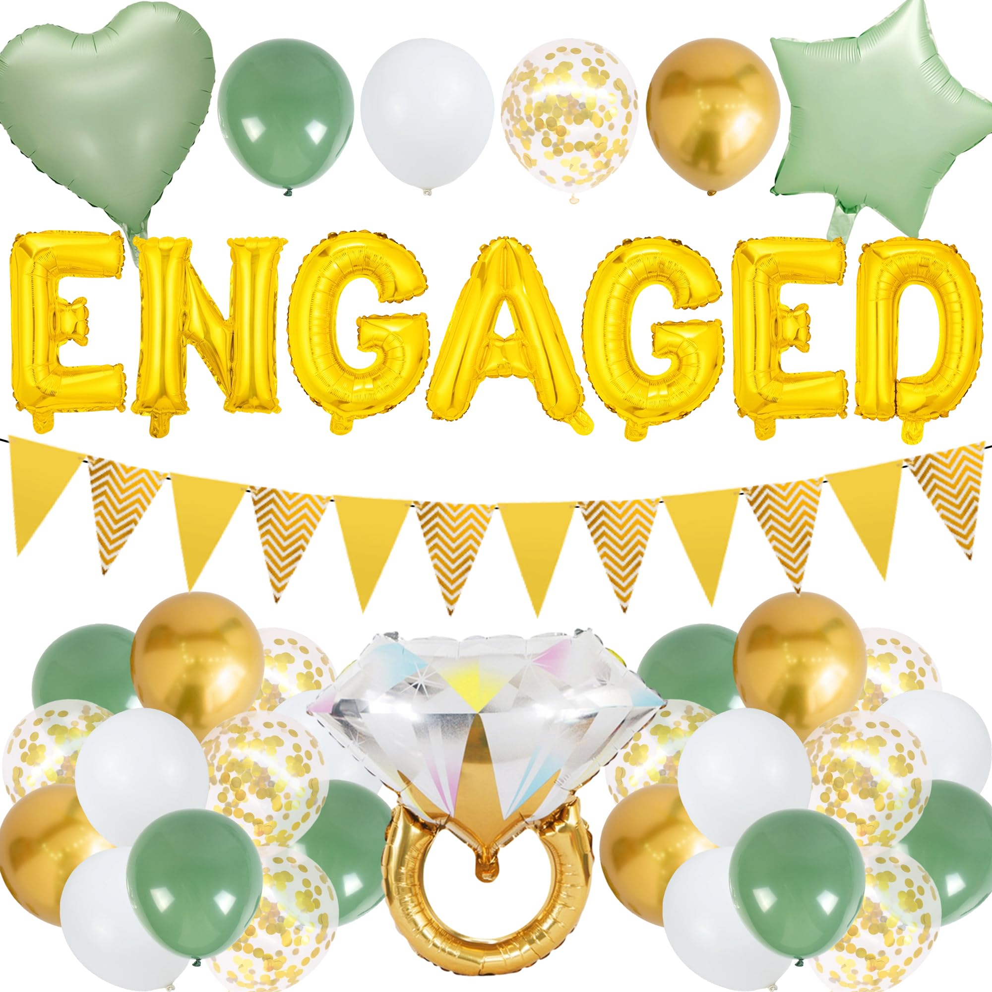 Engagement Party Decorations Balloons Set - 39 Pcs Green and Gold Engaged Banner Diamond Ring Heart Star Foil Balloons Pennant Balloon for Engagement Wedding Proposal Party Supplies Decor