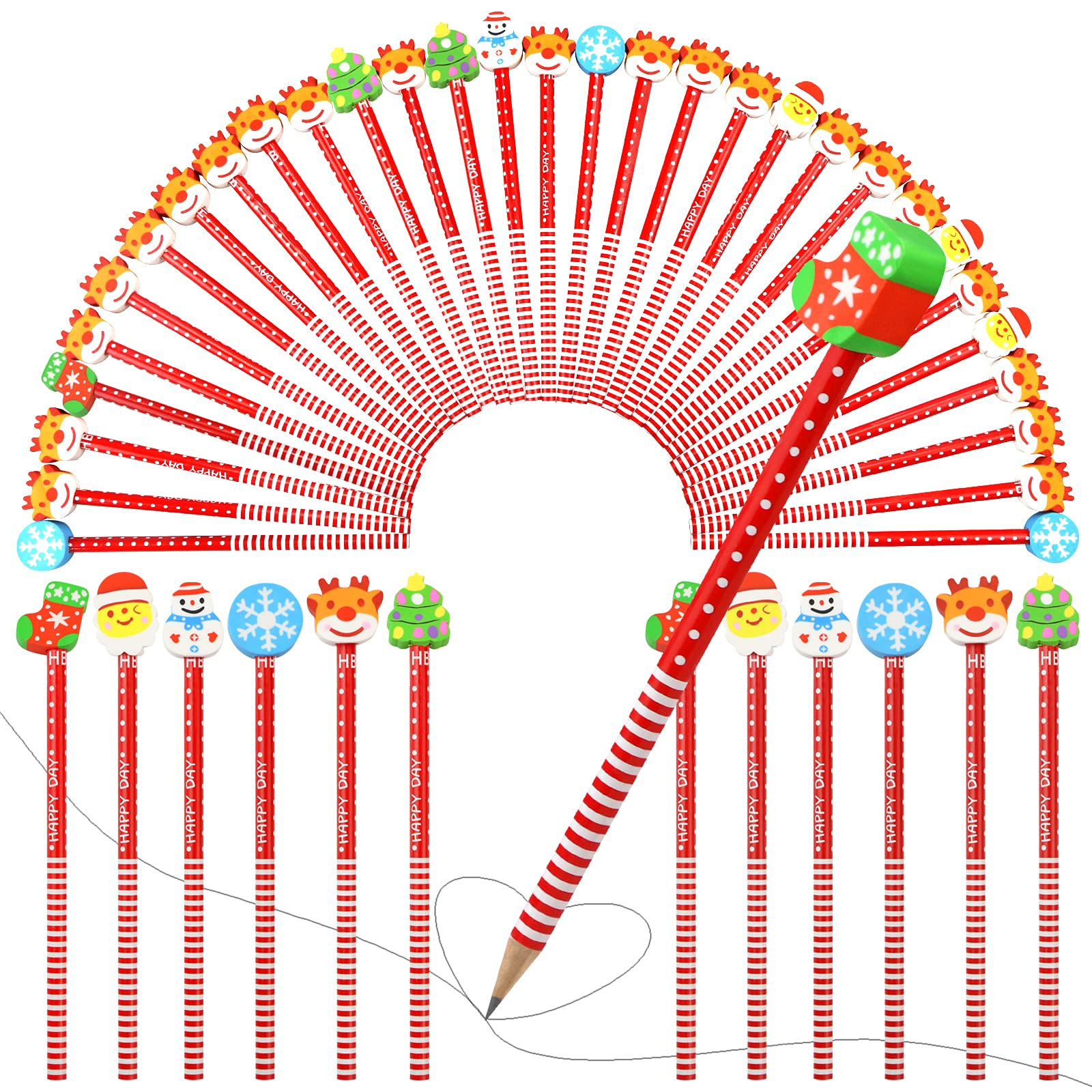 40 Pack Assorted Colorful Holiday Christmas Pencil With Eraser Novelty Dot & Stripe Giant Eraser Topper Kids Pencils for Kids Pencil Pack Pencils Bulk Giant Pencil