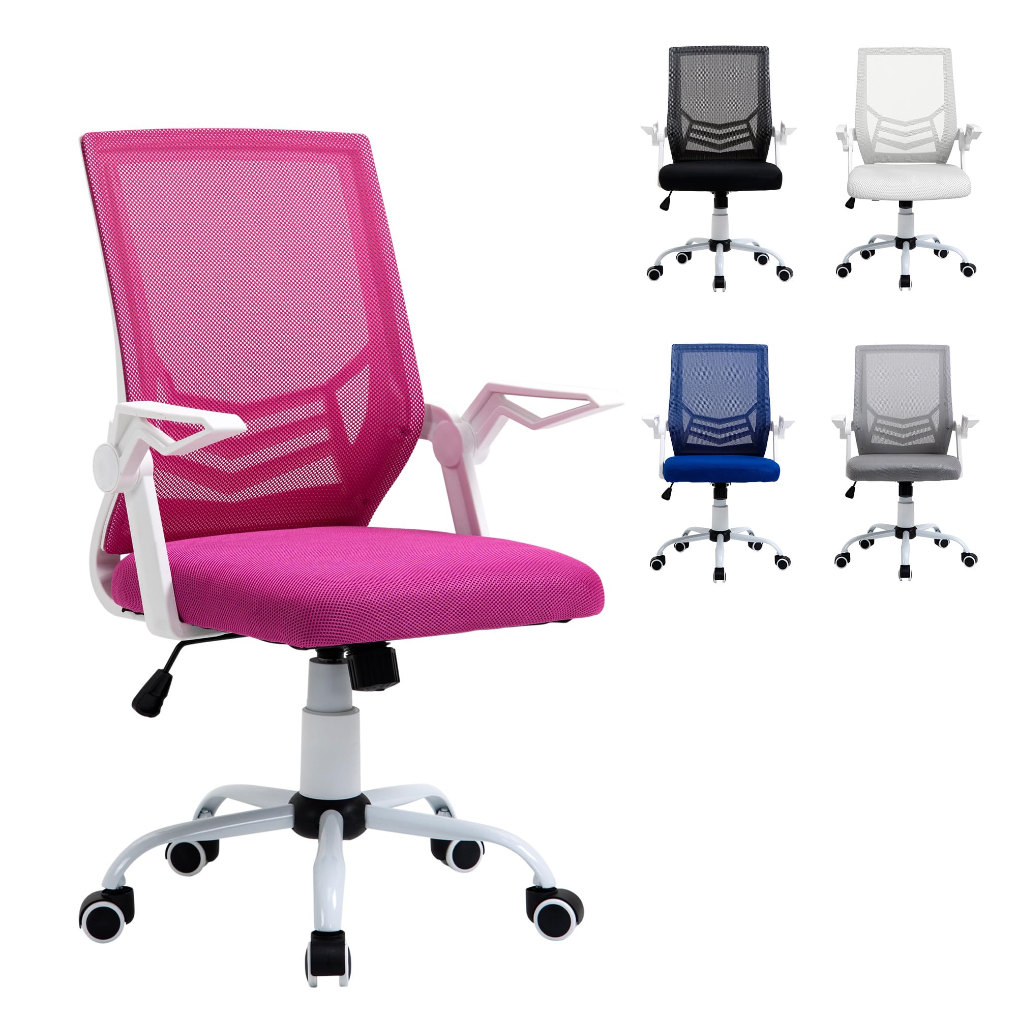Vinsetto Silla de Oficina Ergonómica Silla Escritorio Giratoria con Altura Ajustable Reposabrazos Abatible Soporte Lumbar Transpirable para Adolescentes Adultos 62,5x55x94-104 cm Rosa