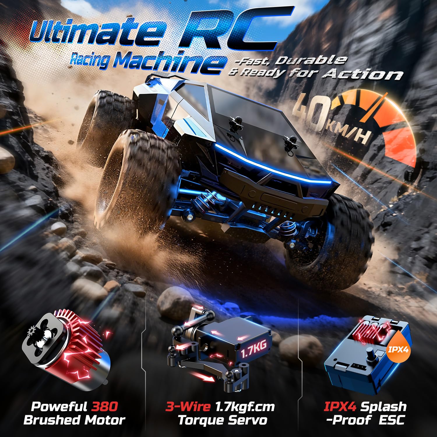 DEERC 1:18 RC Auto 40KM/H, Schnelles ferngesteuertes Drift & Rennfahrzeug, 2,4GHz wasserdichtes Offroad Car mit 2 Akkus & Driftreifen für Kinder & Erwachsene
