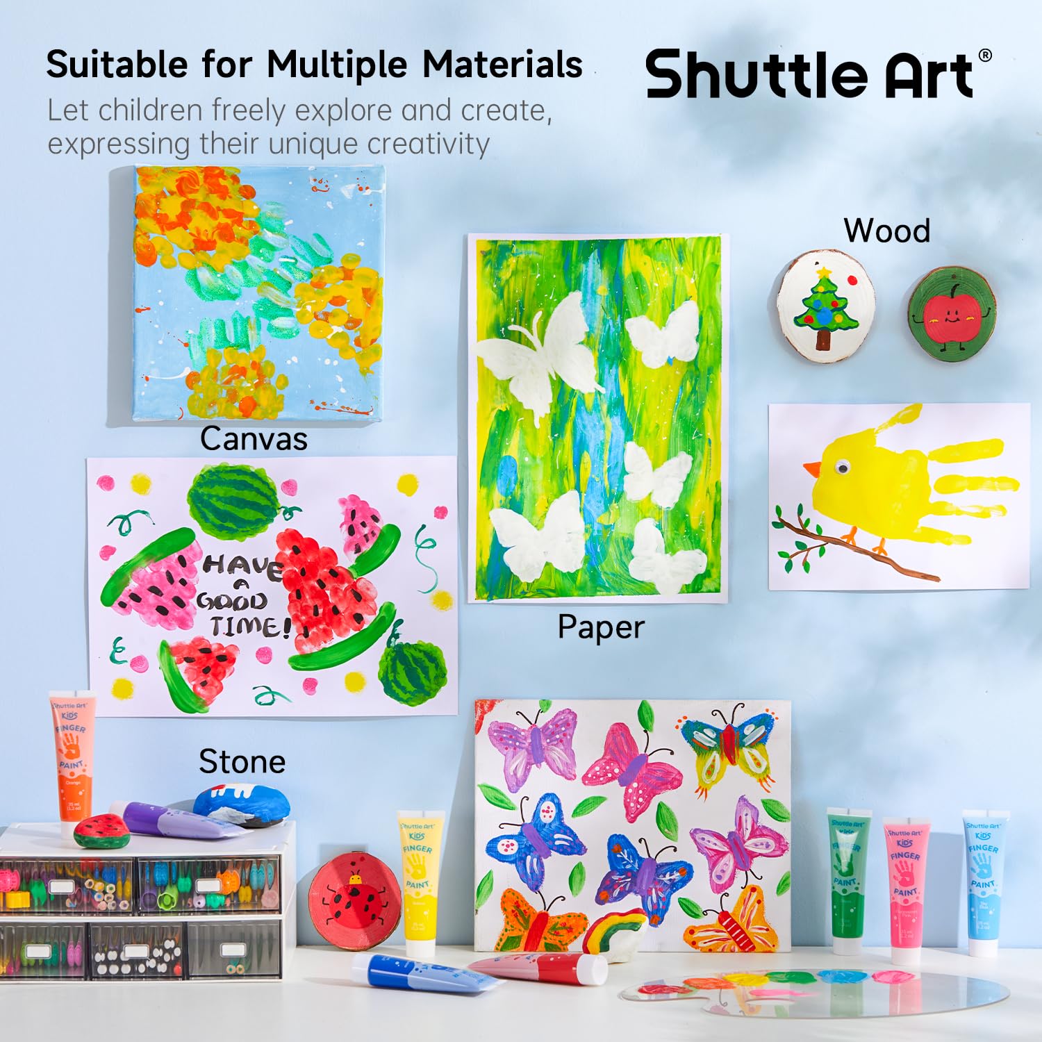Shuttle Art 15 Colori a Dita per Bambini Atossici, Tempere Lavabili per Bambino 35ml, Tempere per Dipingere Colori Brillanti,Set Pittura Bambini per Arti e Mestieri