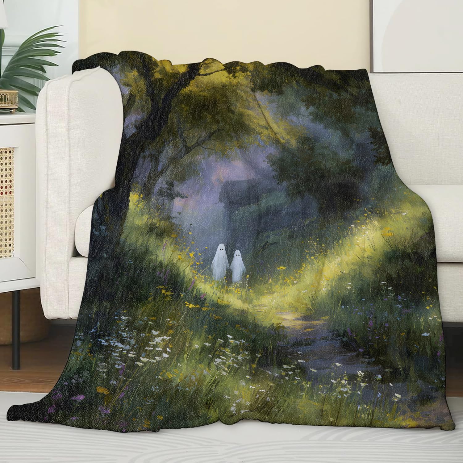 Cute Ghost Blanket, Gifts for Fantasy and Holiday Lovers, Lightweight Flannel Throw Blankets, Whimsical Forest Path with Gothic Throws Home Decor, for Couch Living Room Office, 60x50inch - Image 2