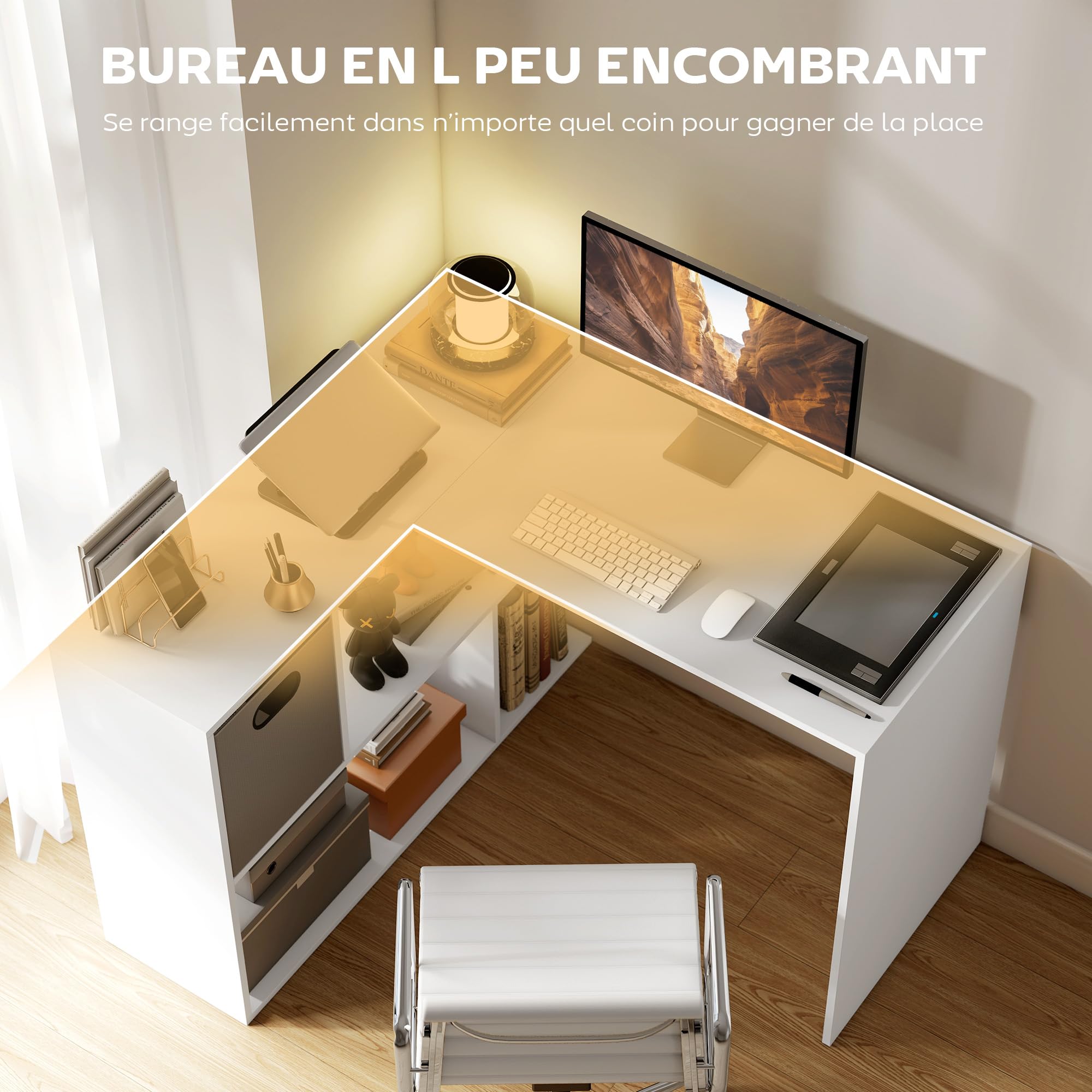 HOMCOM Bureau d'angle Forme L avec Tiroir en Tissu 110 x 100 x 75 cm Blanc