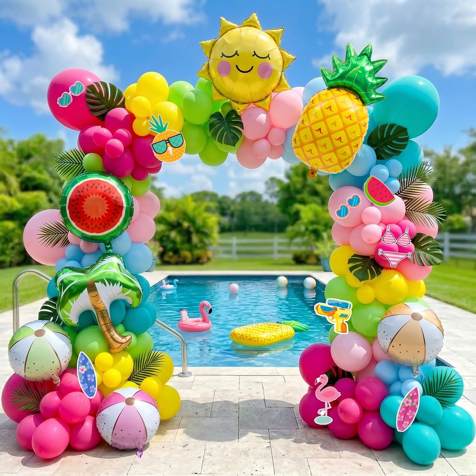 Strand-Pool-Party-Dekorationen enthalten buntes Ballon-Girlanden-Set, Ananas, Kokosnussbaum, Sonne, Wassermelone, Obst, Strandball, Folienballon für tropische Sommercamp-Dekorationen, Partyzubehör