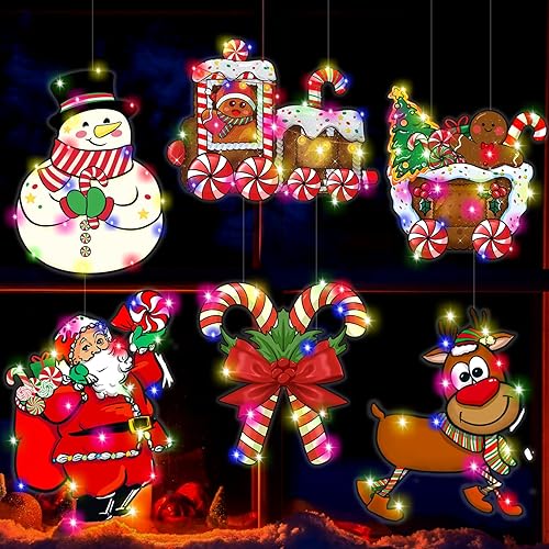 Luces navideñas vintage para ventana, 6 unidades, decoración de Navidad, luces colgantes de doble cara, con reno, muñeco de nieve, adornos colgantes