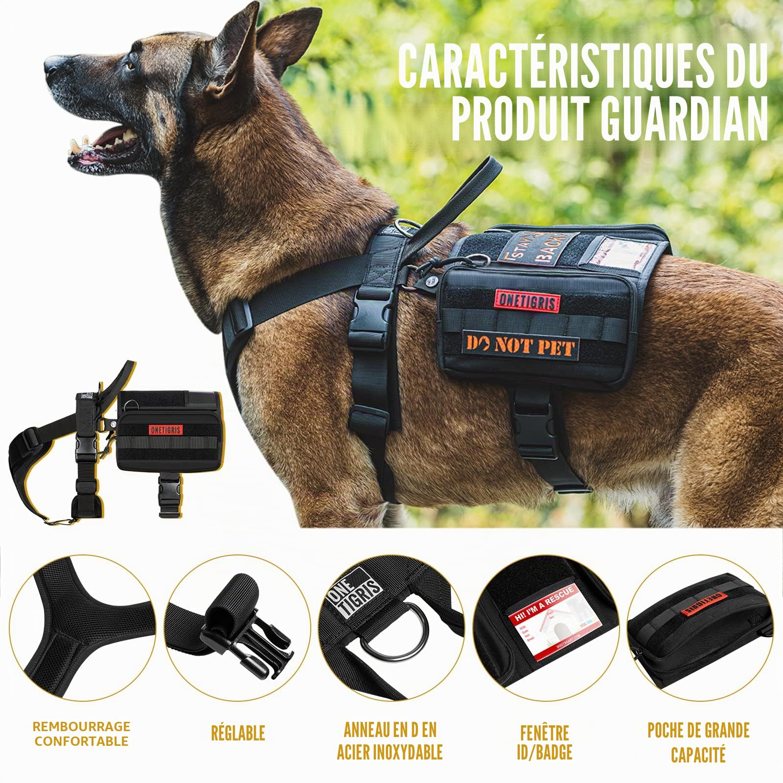 OneTigris Guardian Harnais pour Chien avec 3 Anneaux en D en Acier Inoxydable et Poche de Grande capacité, Sangle de Poitrine avec Rembourrage Confortable et Poche d'identité Transparente - Noir