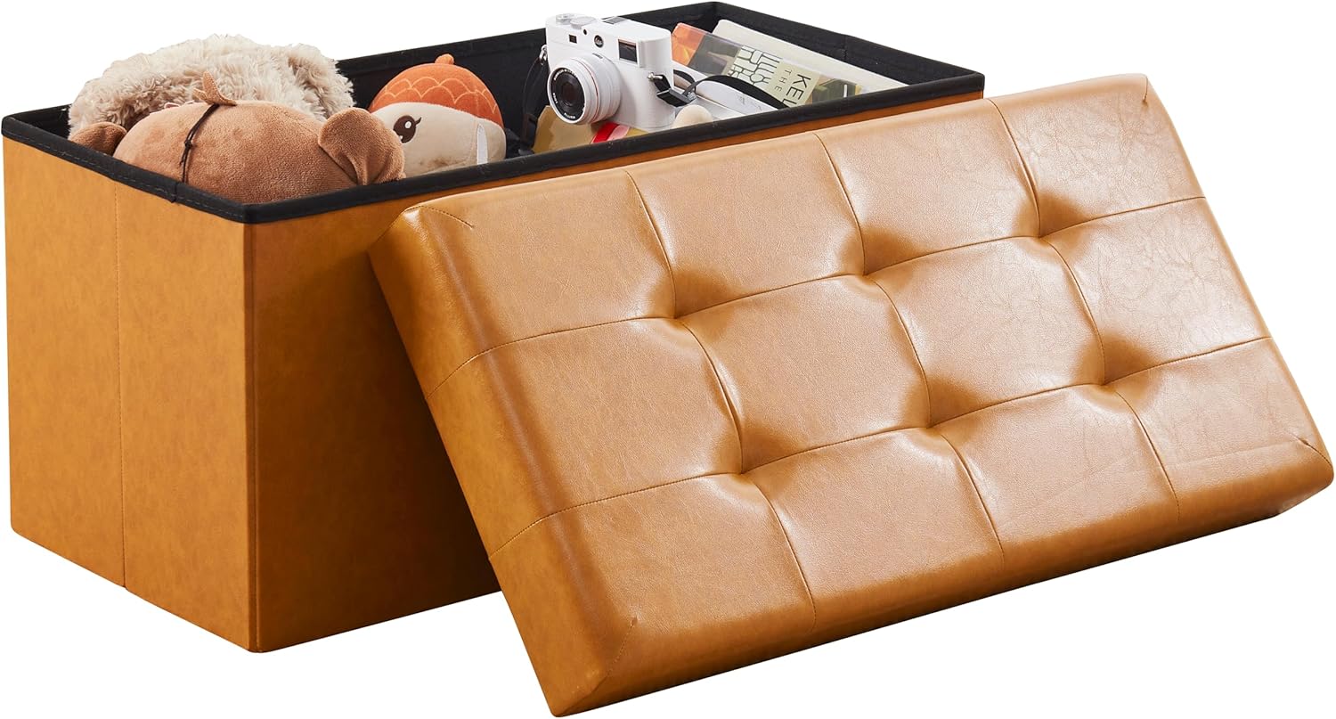 Cognac Faux Leather Tufted Foldable Storage Ottoman Bench