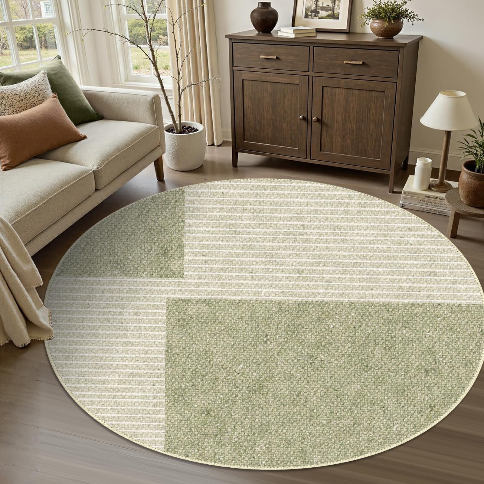 Tapis de salon rond 80 cm, moelleux à poils courts avec design géométrique vert et beige, antidérapant et lavable, pour le salon ou comme descente de lit, en vert, beige