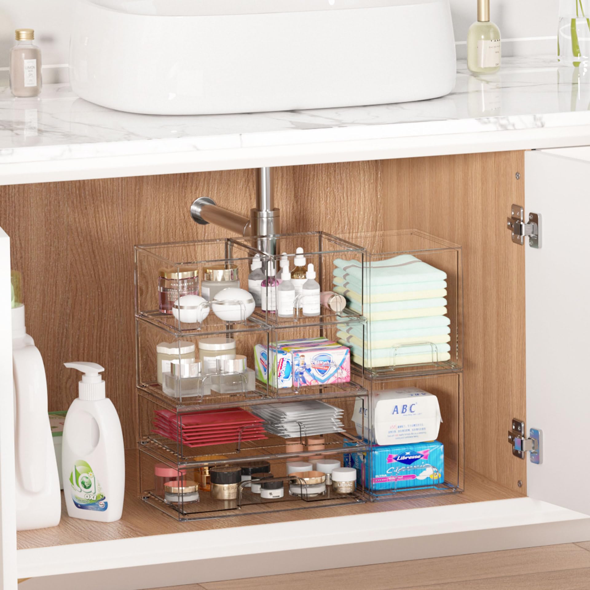 Paquete de 5 (1) organizador de cosméticos apilable de PET transparente con cajones sólidos, caja de almacenamiento de tocador de escritorio libremente combinable para botellas de cuidado de la piel