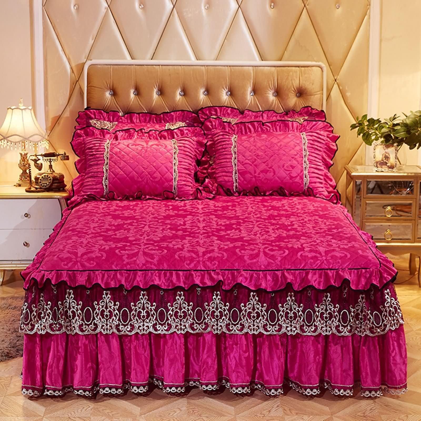 3 Pezzi Lenzuolo Matrimoniale con Angoli in Velluto, Modello Foglie con Pizzo Ricamato, 180 x 200 CM + 2 Federe, Rosa Rossa