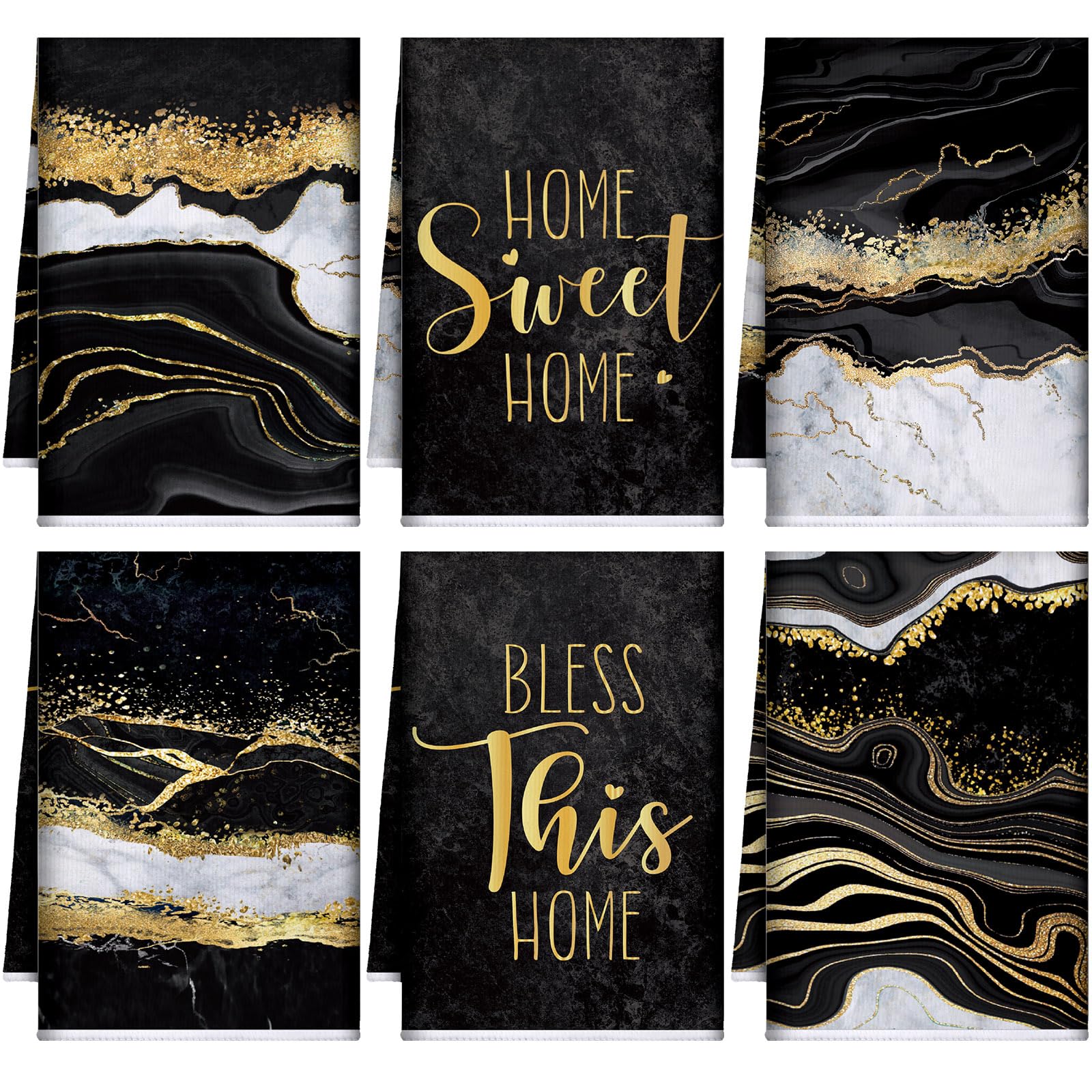 Bencailor 6 Pcs Black and Gold Kitchen Towels Marble Dish Hand Towels Farmhouse Absorbent Tea Washcloths for Bathroom Kitchen Decor Winter Decorations