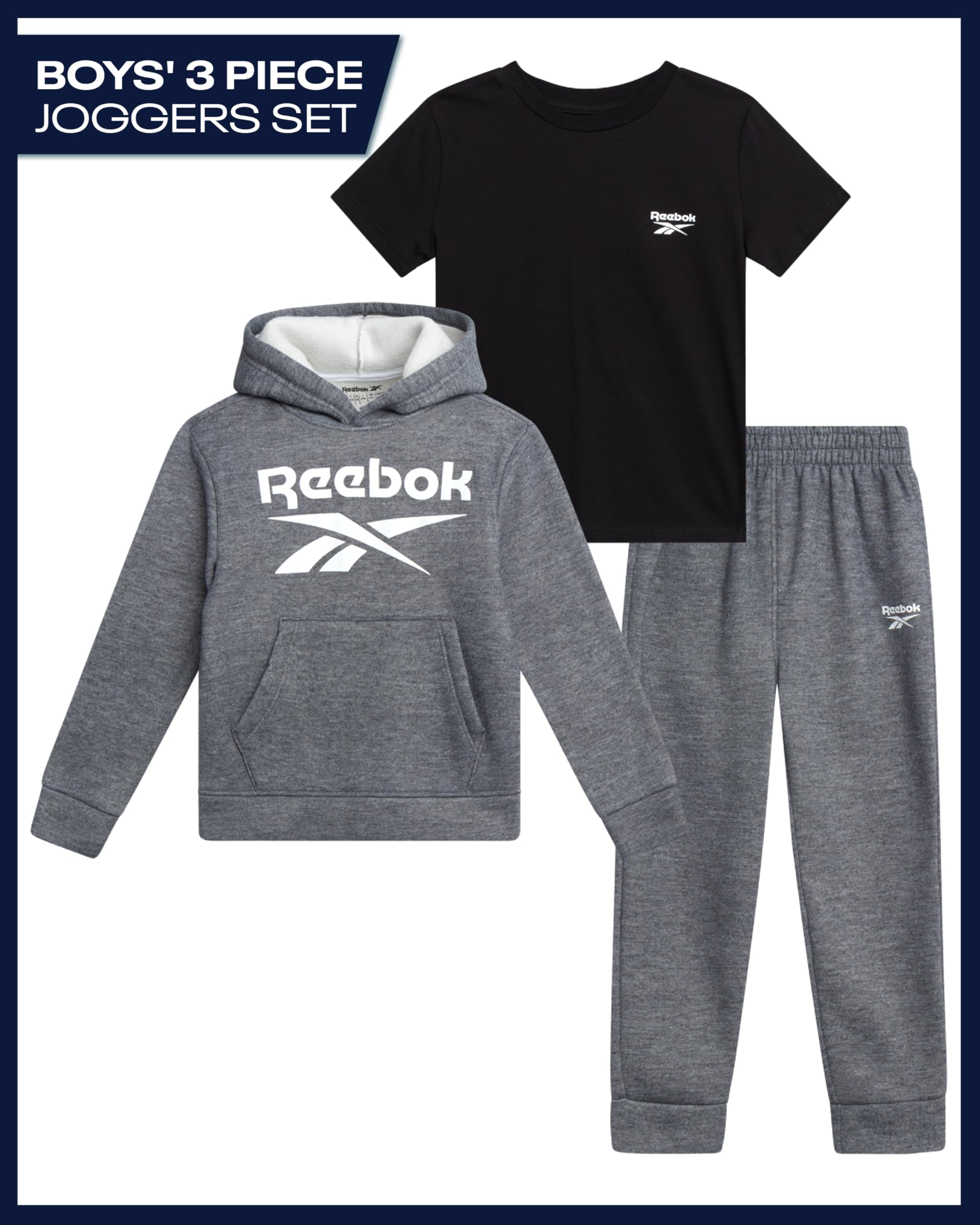 Reebok Baby Jungen Hosen-Set – 3-teiliges T-Shirt, Pullover, Hoodie & Jogger, Jogging-Set – Fleece-Spielhosen-Sets für Kleinkindergrößen