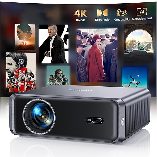 [Compatible with Netflix/4K Supported/Compact Design] Smart Outdoor Projector with WiFi6 and Bluetooth, Movie Projector, DoIby Audio w/ HDMI ARC, Built-in Apps, AI Auto Focus, Portable Home Proyector