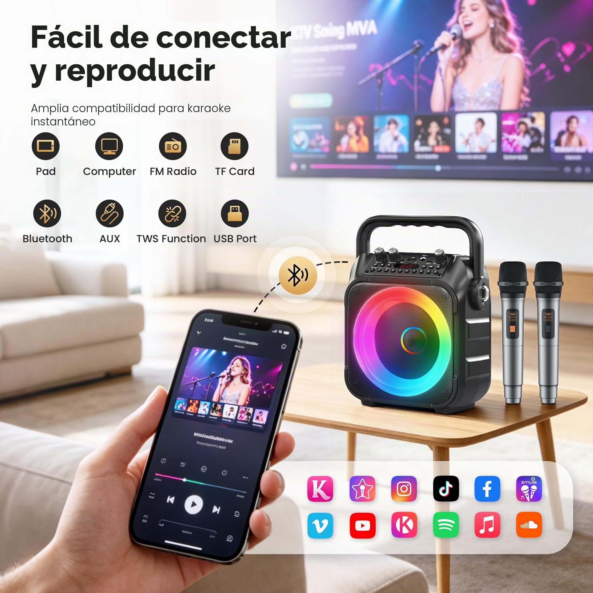 Máquina de Karaoke Singingmate con 2 micrófonos inalámbricos: Altavoz Bluetooth portátil, Multicolor, con conexión USB y AUX, para Adultos y niños, Fiestas y hogar