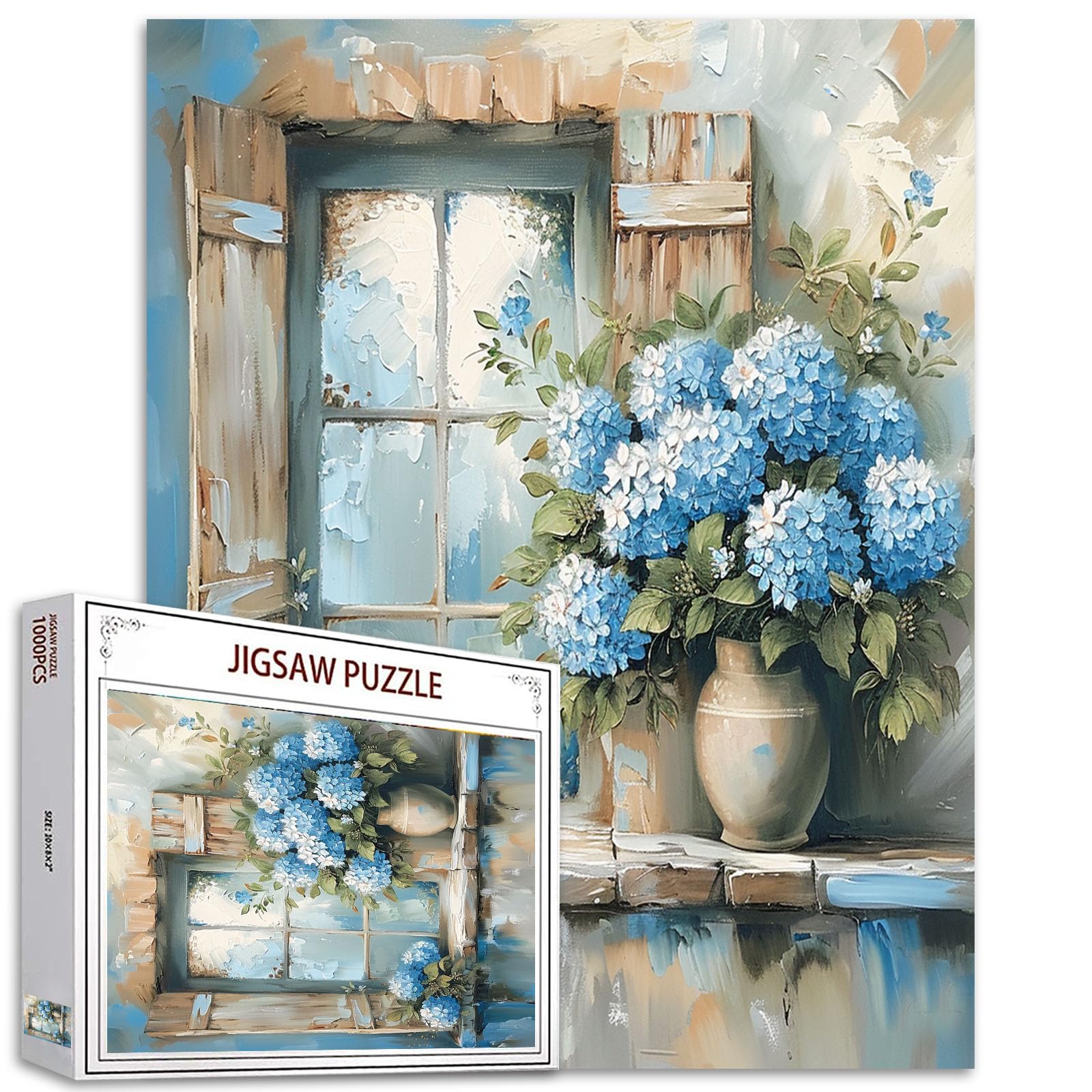 Tucocoo Hydrangea Puzzles for Adults, 1000 Pieces, Rustic Window, Blue Flowers, Floral Art Puzzle, Colorful, DIY Puzzle, for Home Decoration, Gifts, Family Puzzle Perfect for Game Nights — image 1
