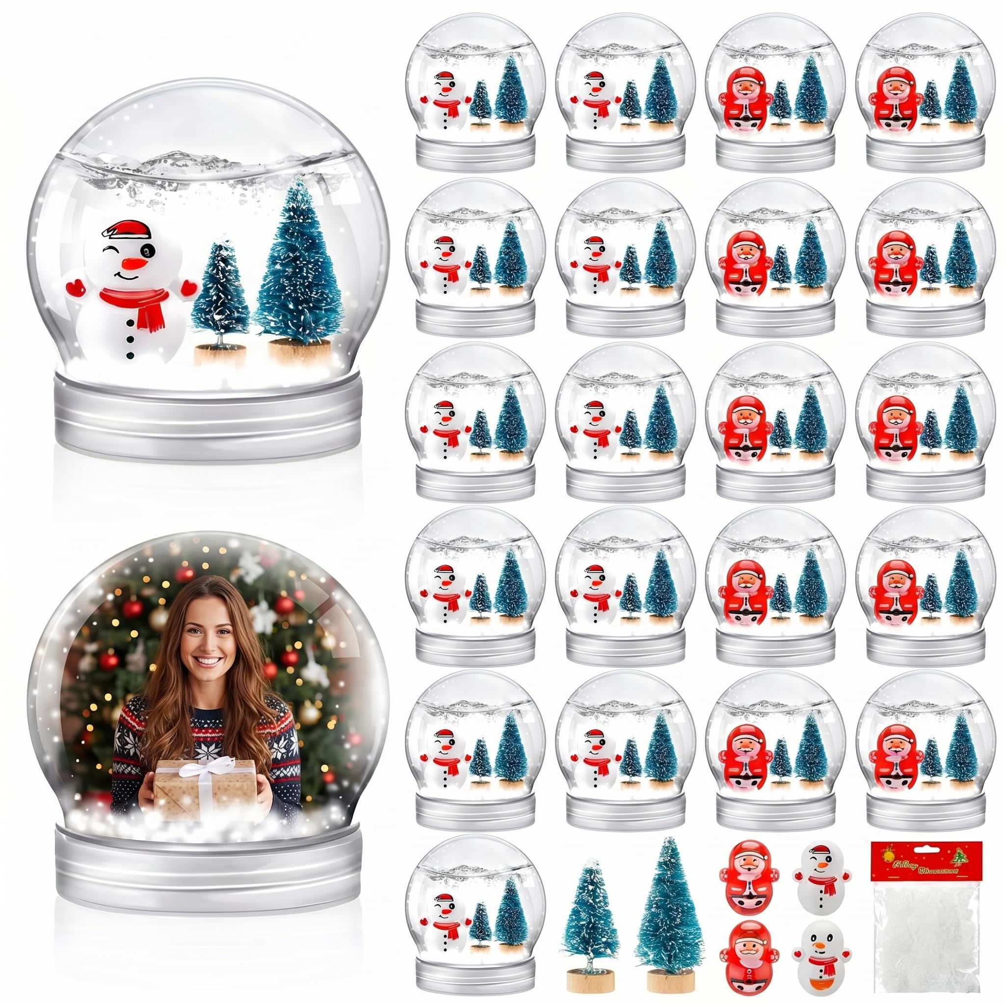 Libima Lot de 48 boules à neige en plastique comprenant 48 boules à neige transparentes, 96 mini arbres de Noël, 48 bonhomme de neige miniature et Père Noël avec neige artificielle pour loisirs