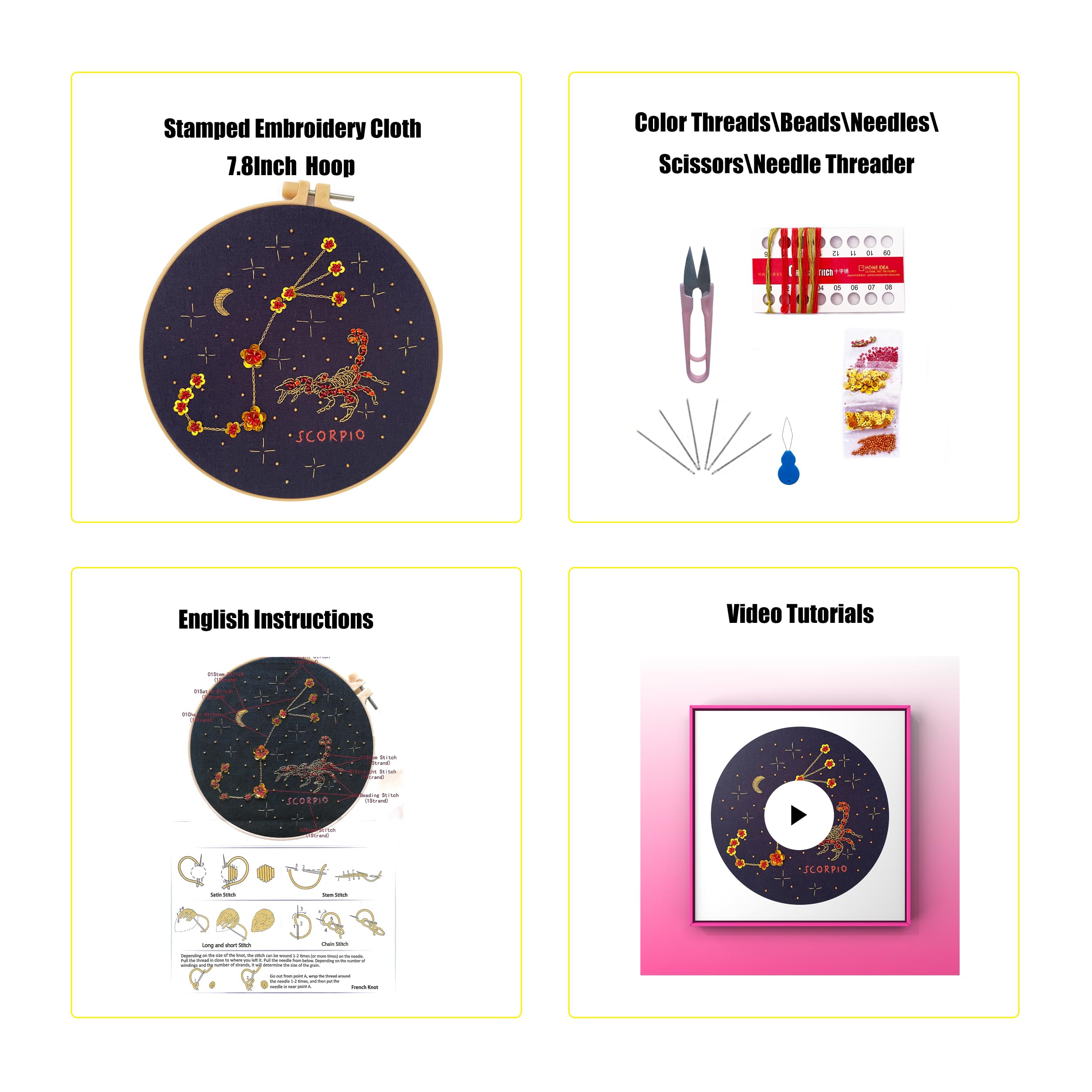 mozhijing Kit de bordado de constelación para adultos con patrón estampado, cuentas redondas para bordado, manualidades, kits de punto de cruz para principiantes con marco, kit de bordado de Escorpio.