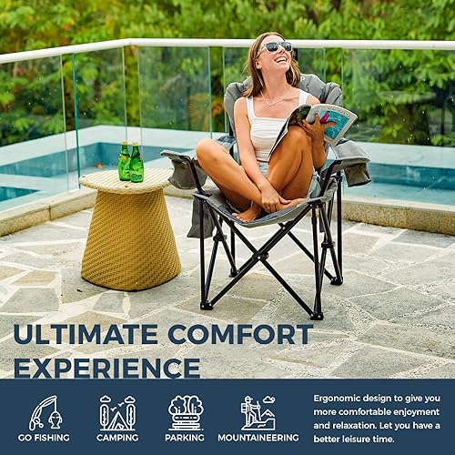 Miniatura 95 de KingCamp silla plegable de gran tamaño para campamento con soporte lumbar, silla ergonómica acolchada con reposabrazos, alta resistencia, con bolsa