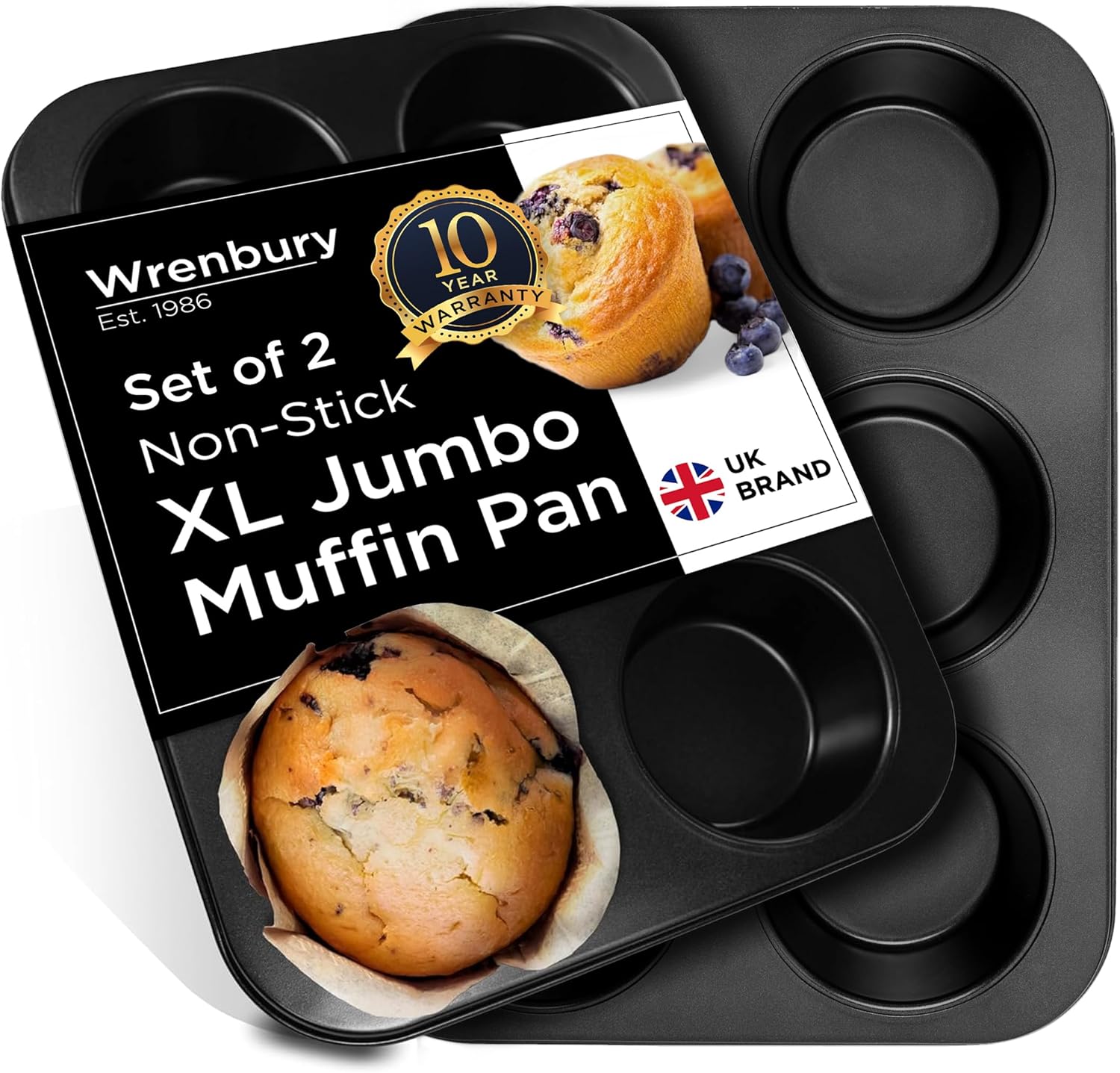 Wrenbury Jumbo Muffin Pan 6 Cup Set of 2 - Nonstick XL Deep Muffin Pan for Baking 3.75" Cup - Big Cup Tin - Oversized Extra Large Cupcake Mold - PTFE Free