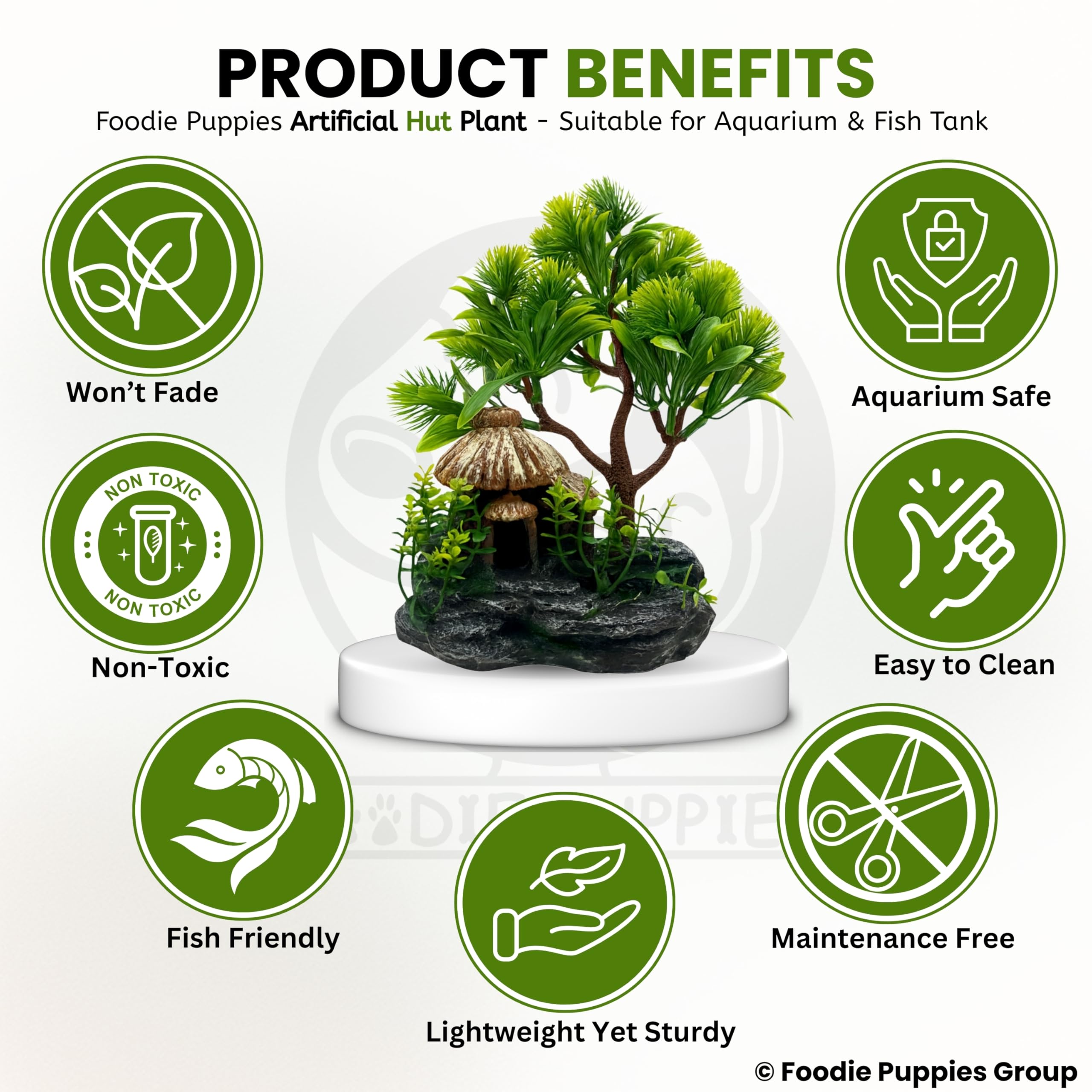 Foodie Puppies Aquarium Plastic Plants with Resin Base Decor - (Hut Plant, Medium - 19cm) for Fish Tank Ornament Accessories, Decorations | Natural Looking Artificial Plant 3