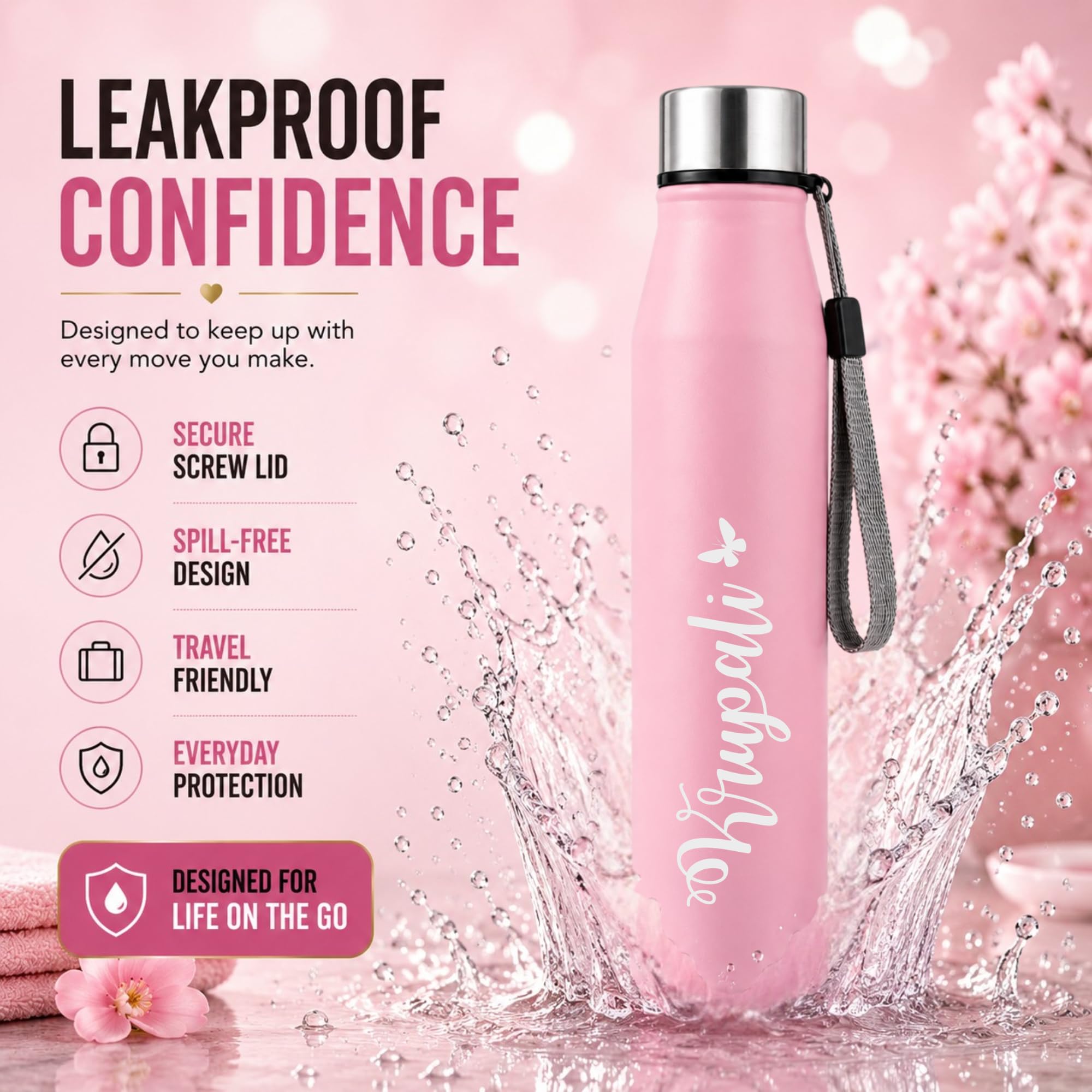 Personalized Name Engraved Water Bottle 1 Litre (Pink)| Custom Laser Engraved Stainless Steel Bottle |Leakproof Water Bottle with Carry Loop for Gym, Office & School |Gift for Kids, Men & Women. — Amazon image 7