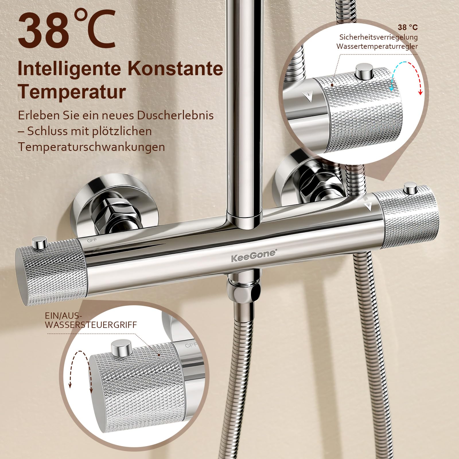 Duschsystem Komplettset Mit Thermostat 25cm Regendusche & 3 Strahlarten-Handbrause Thermostat mit rutschfestem Drehknopf & Anti-Verbrühung Höhenverstellbar Edelstahl Wassersparend